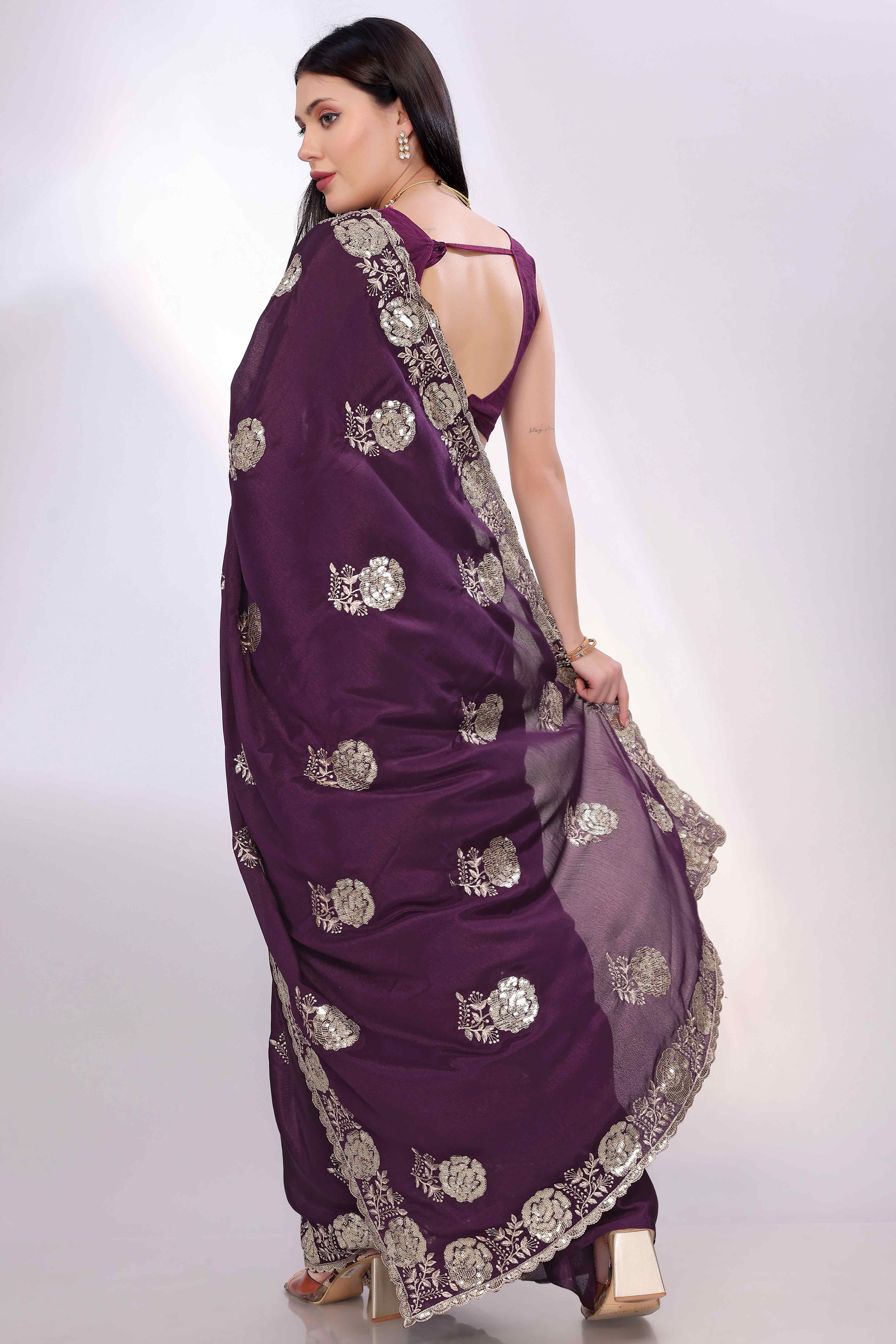 Wine Saree Featuring Intricate Floral Embroidery With Sequins On Chinon Silk
