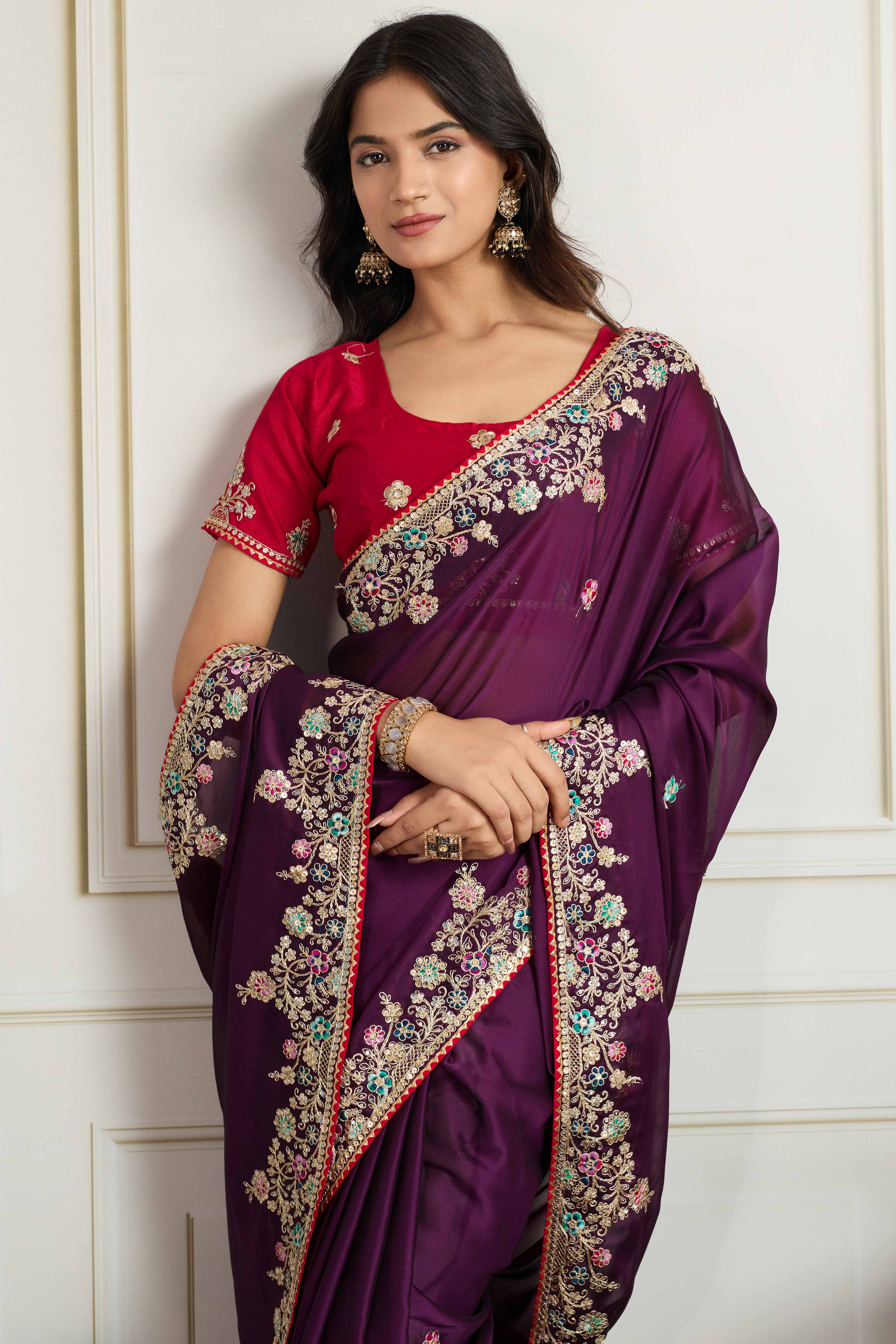 Purple Star Georgette Party Saree with Sequins and Floral Embroidery