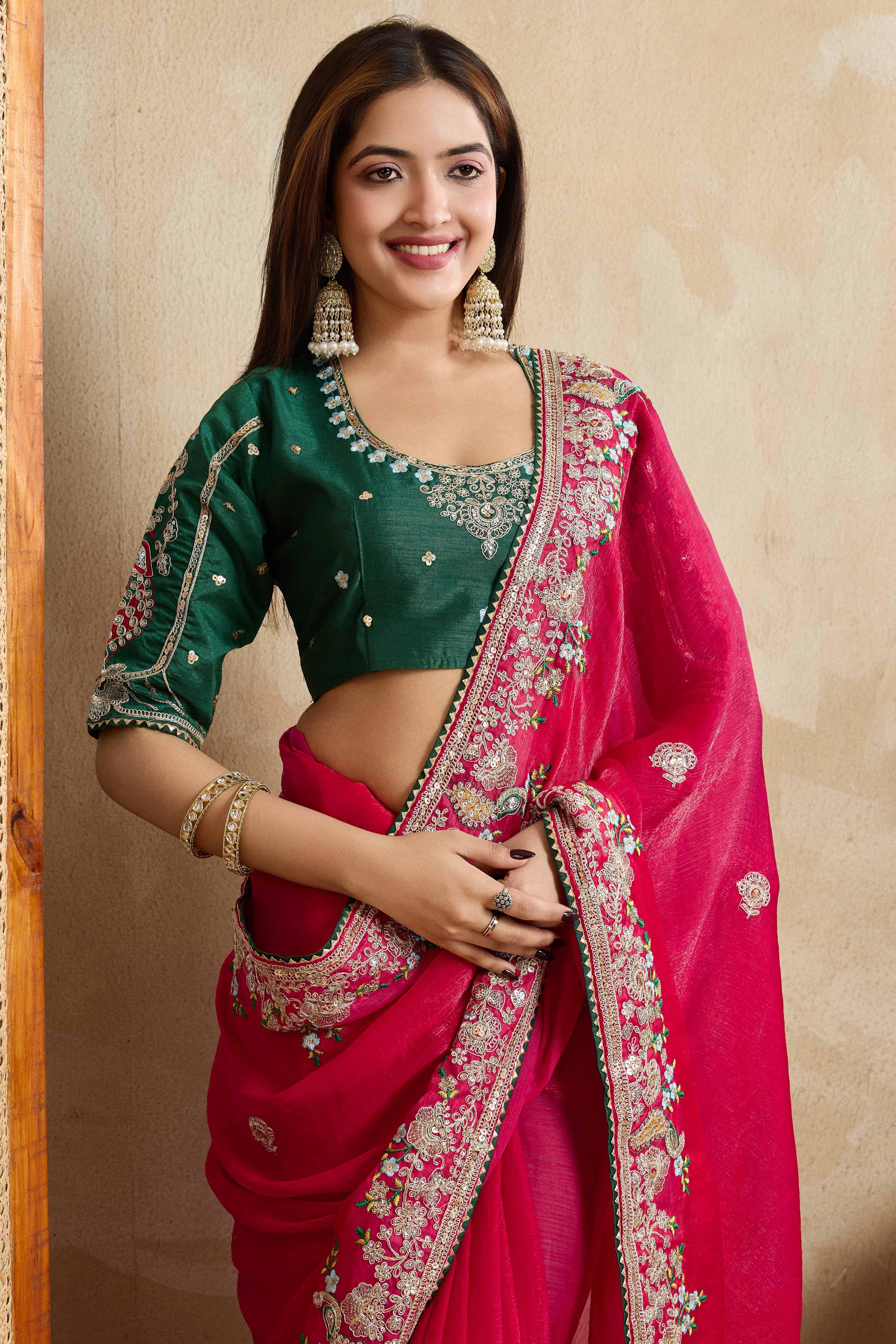 Pink Chiffon Saree With intricate Floral Cording Embroidery & Shimmering Sequins Work