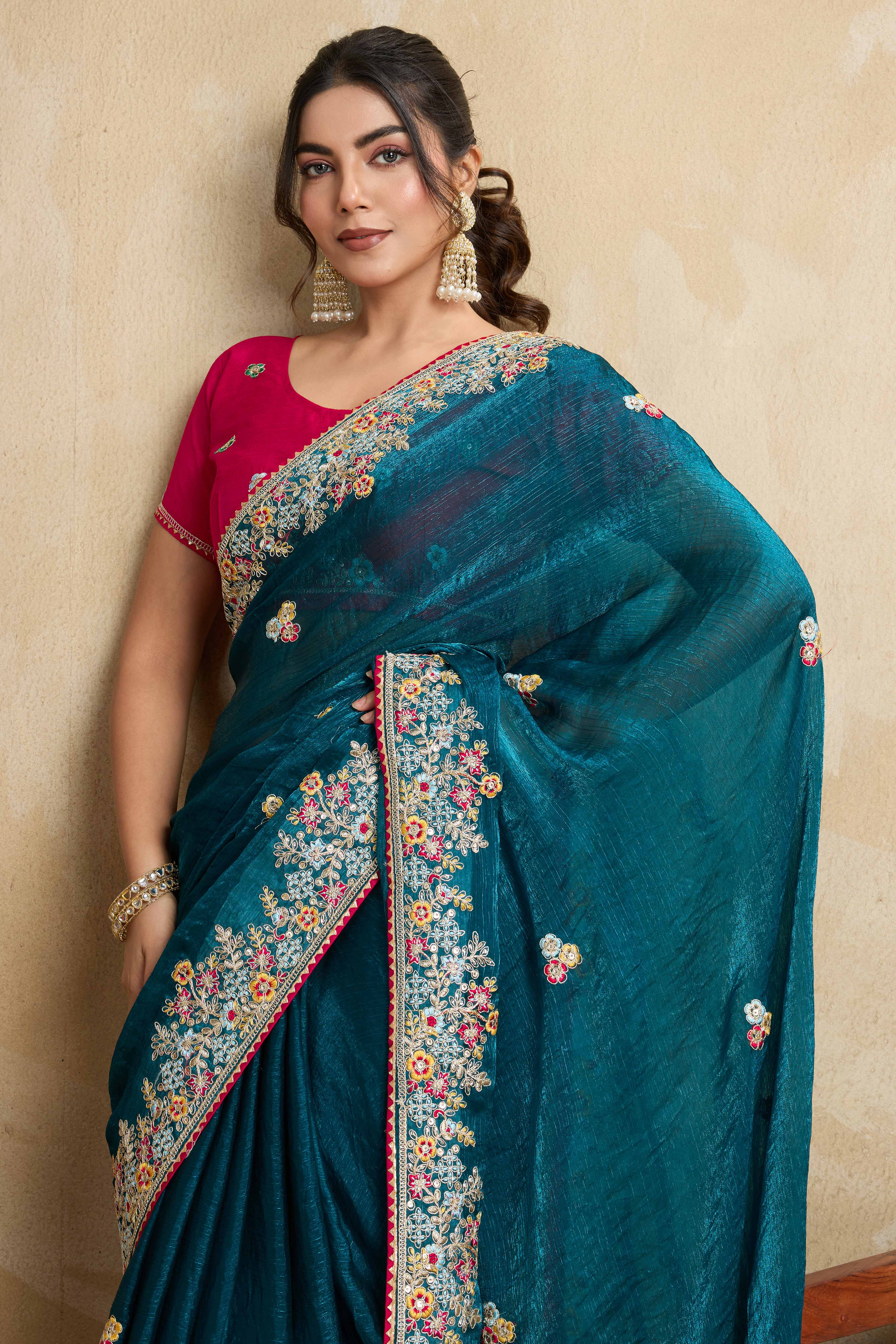 Luxe Frendy Chiffon Saree in Bold Teal with Delicate Floral Embroidery