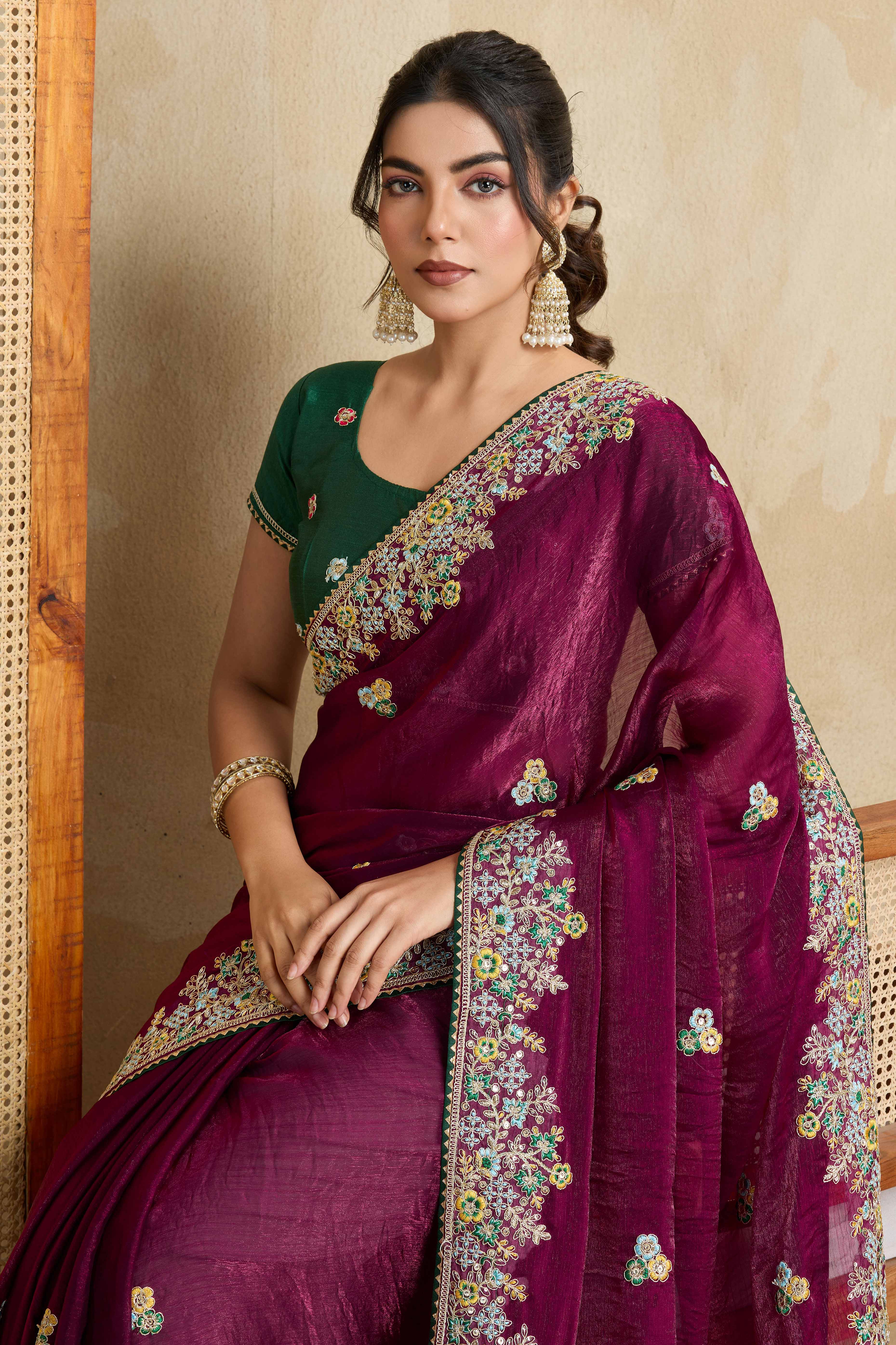 Luxe Frendy Chiffon Saree in Bold Plum Purple with Delicate Floral Embroidery