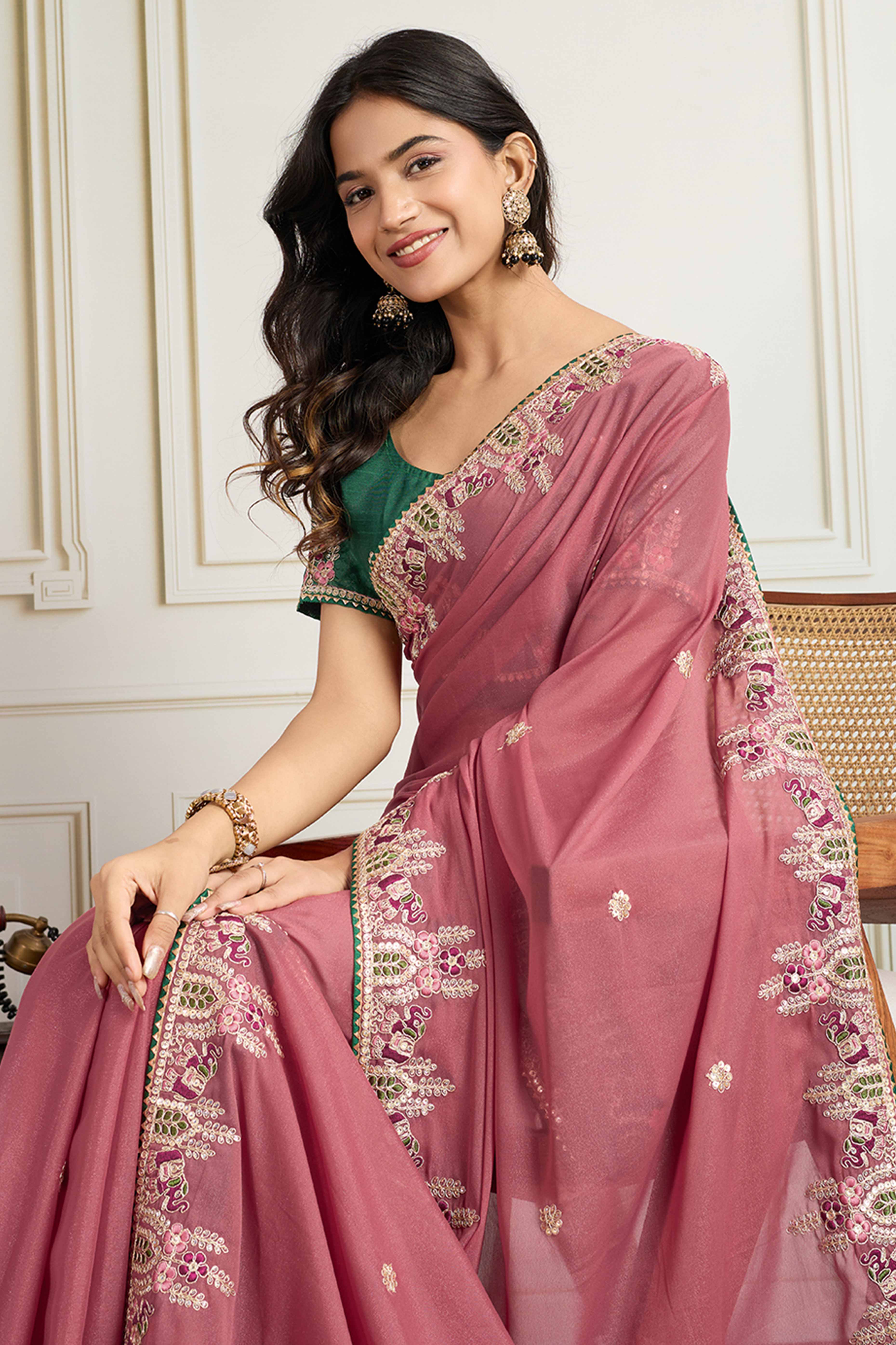 Dusty Rose Pink Georgette Saree Featuring Floral Cording Embroidery & Shimmering Sequins Work