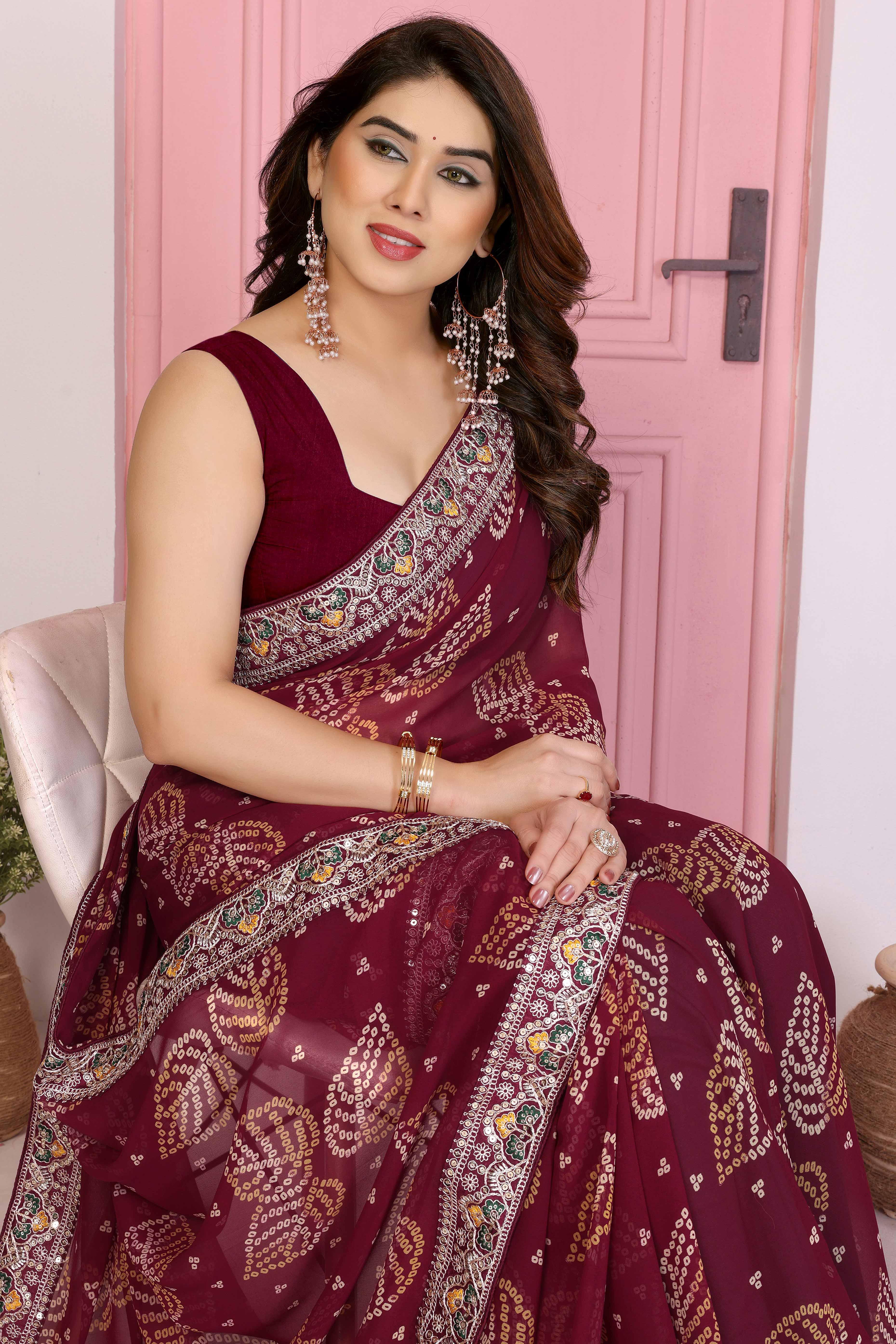 Maroon Georgette Saree with Traditional Bandhani Print and Lace Accents