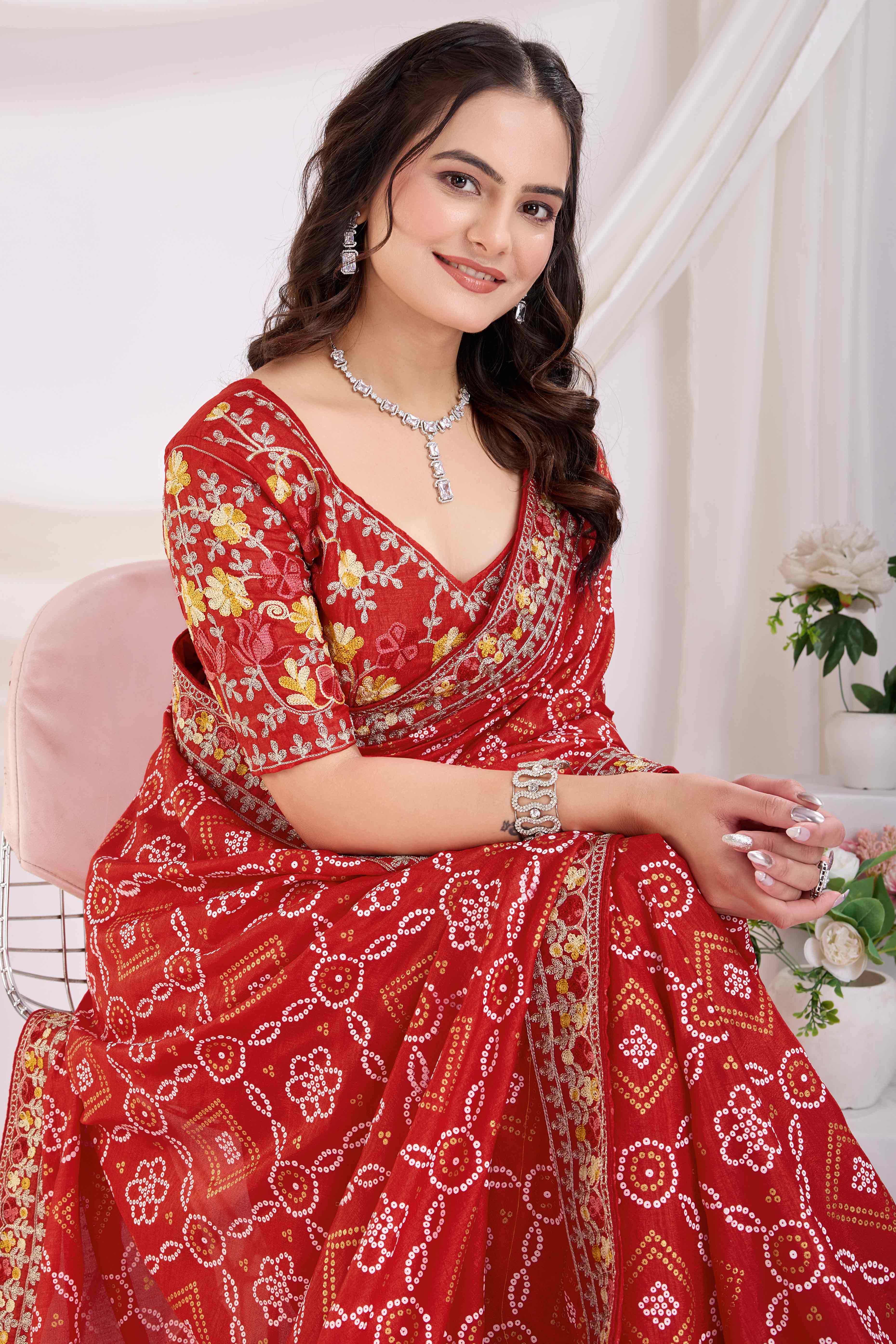 Red Bandhani Printed Vichitra Silk Saree With Embroidery Border