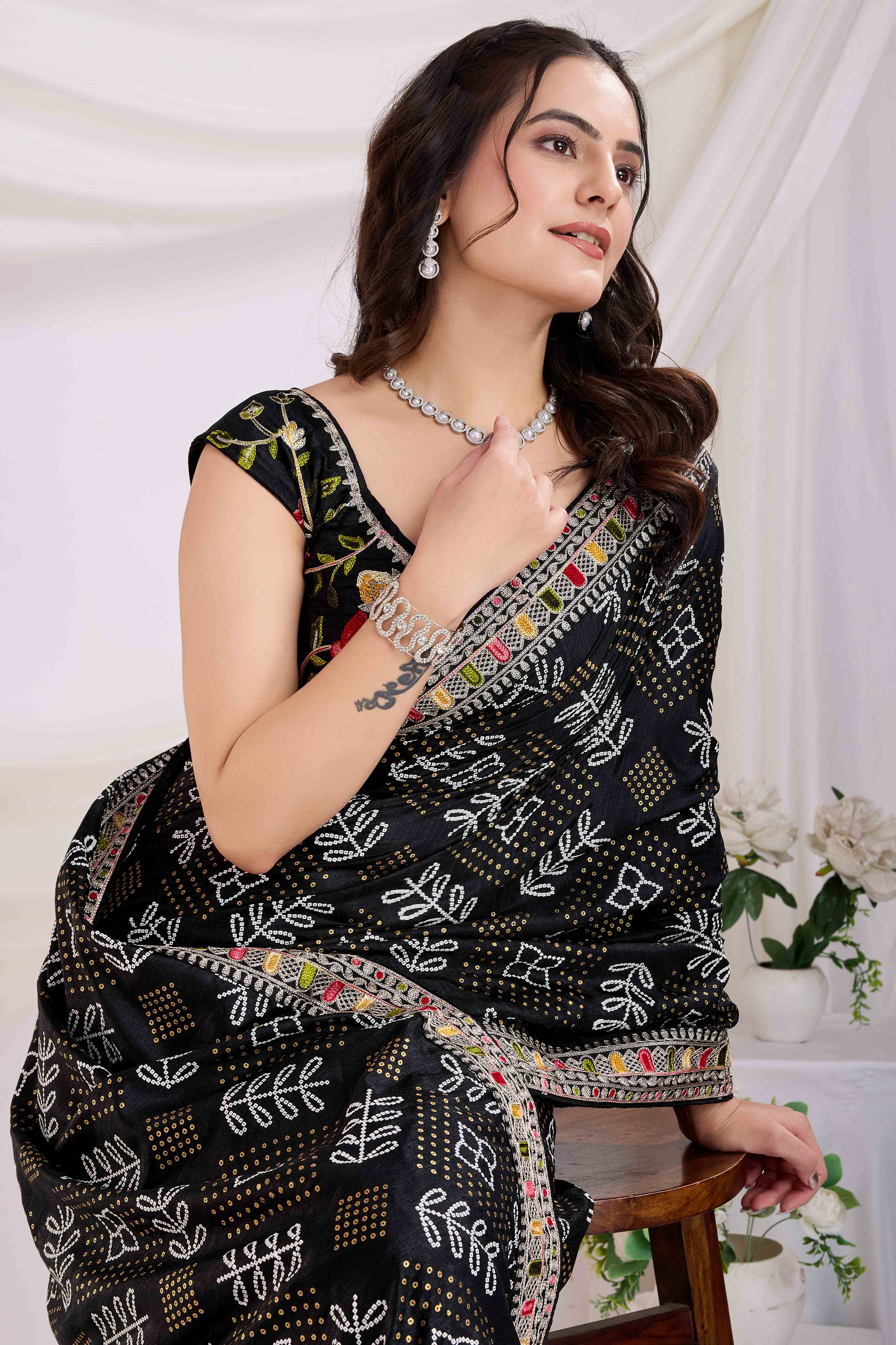 Black Bandhani Printed With Embroidered Border Vichitra Silk Saree
