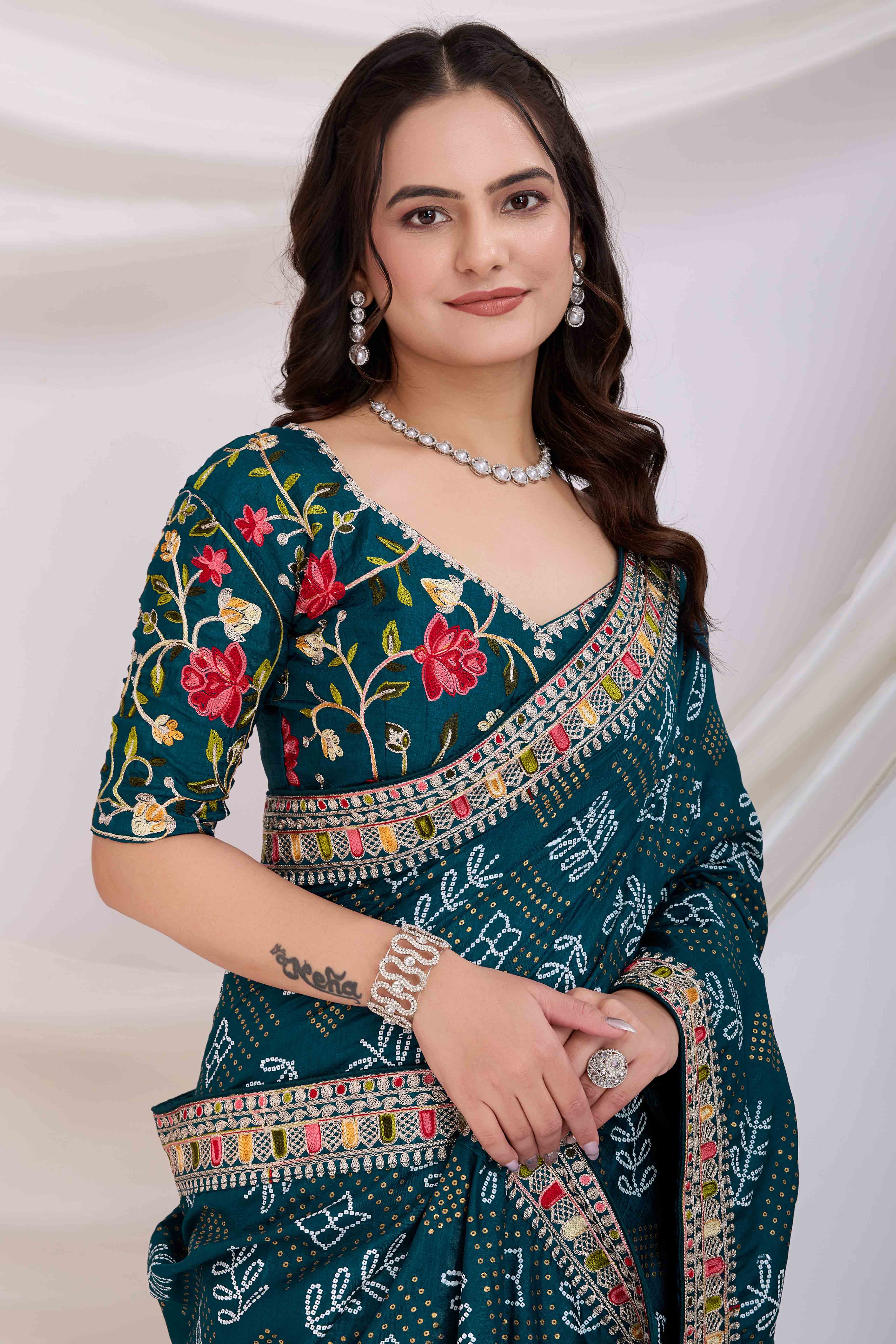 Teal Bandhani Printed With Embroidered Border Vichitra Silk Saree