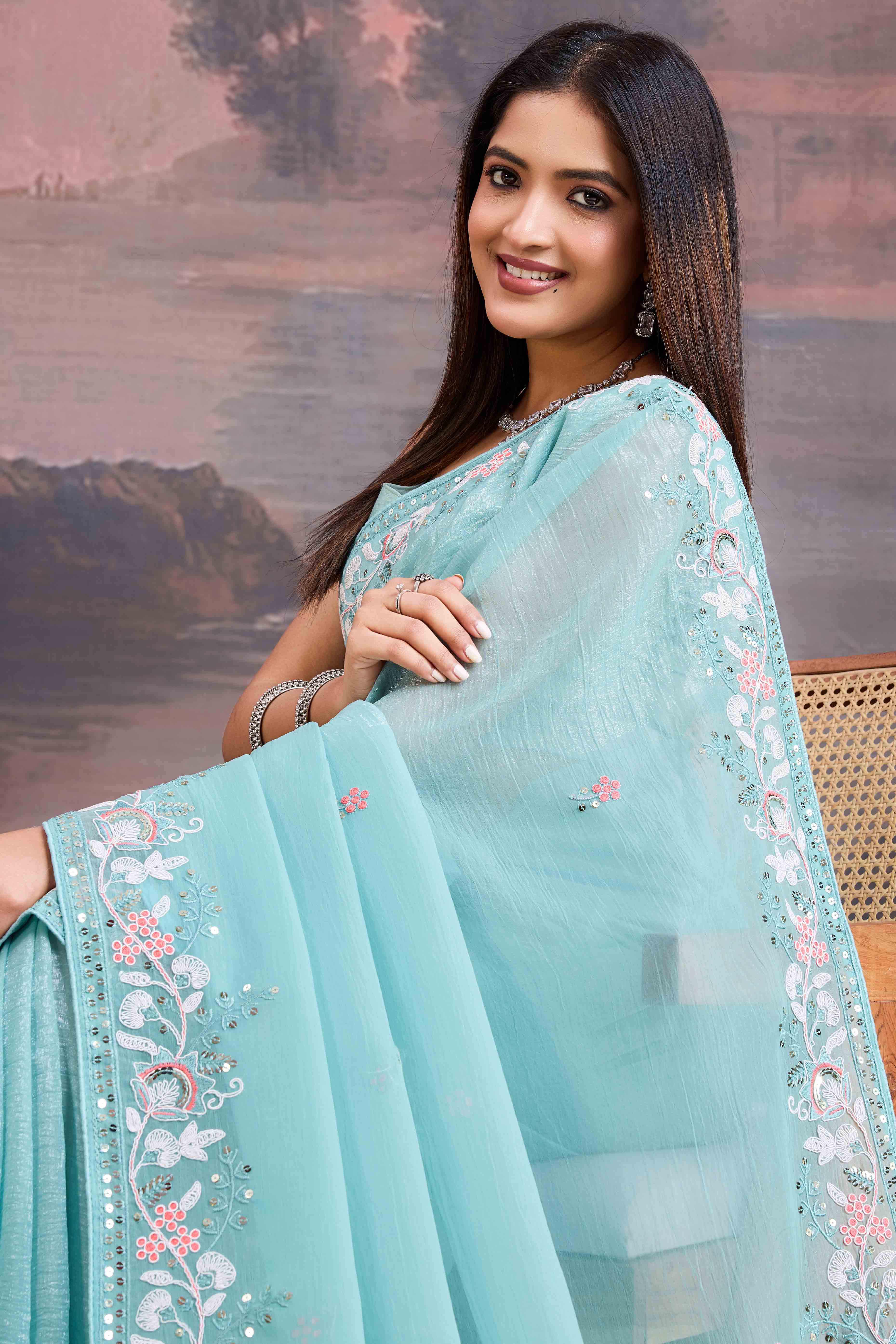 Blue Floral Sequins Embroidered Organza Saree