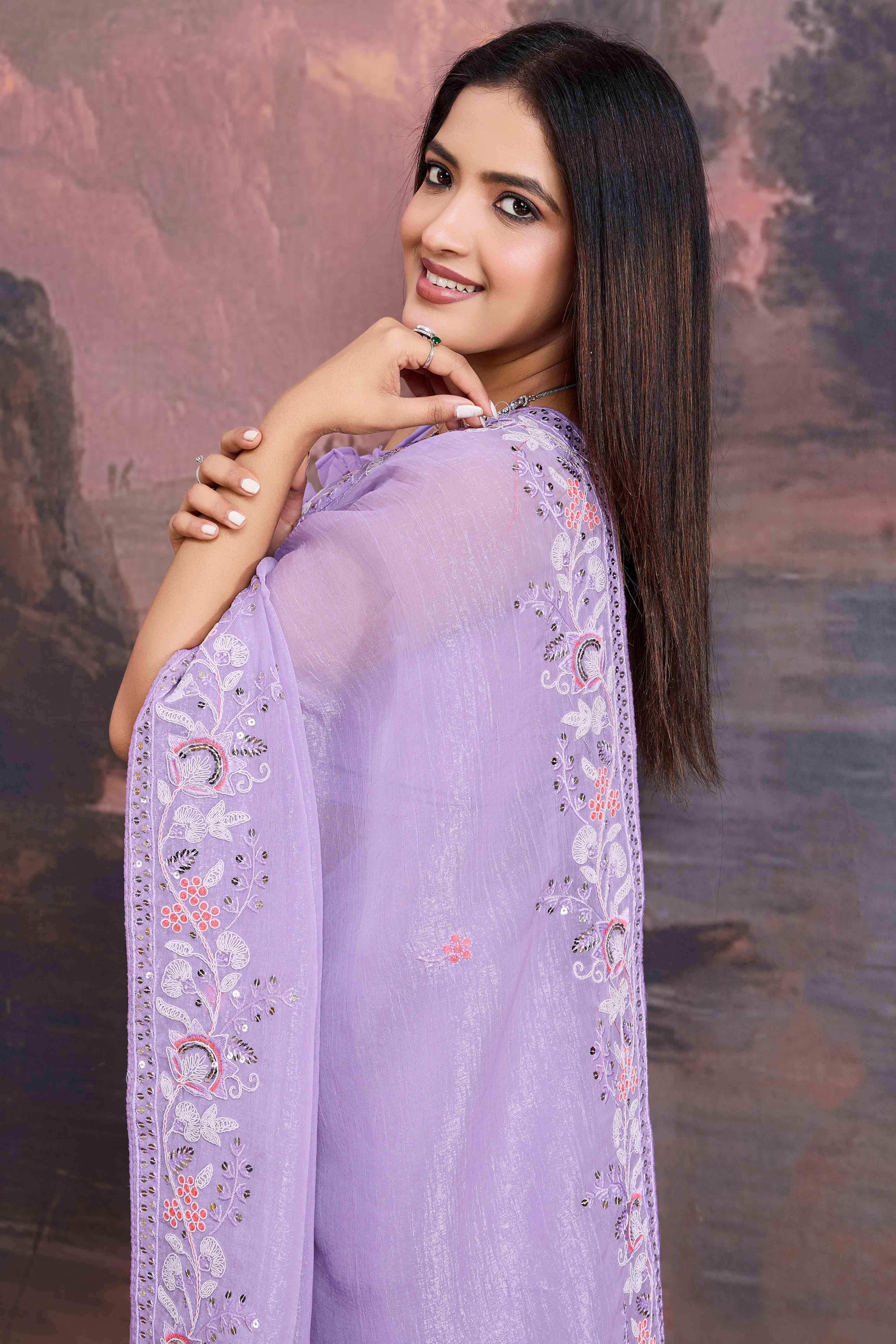 Lavender Floral Sequins Embroidered Organza Saree