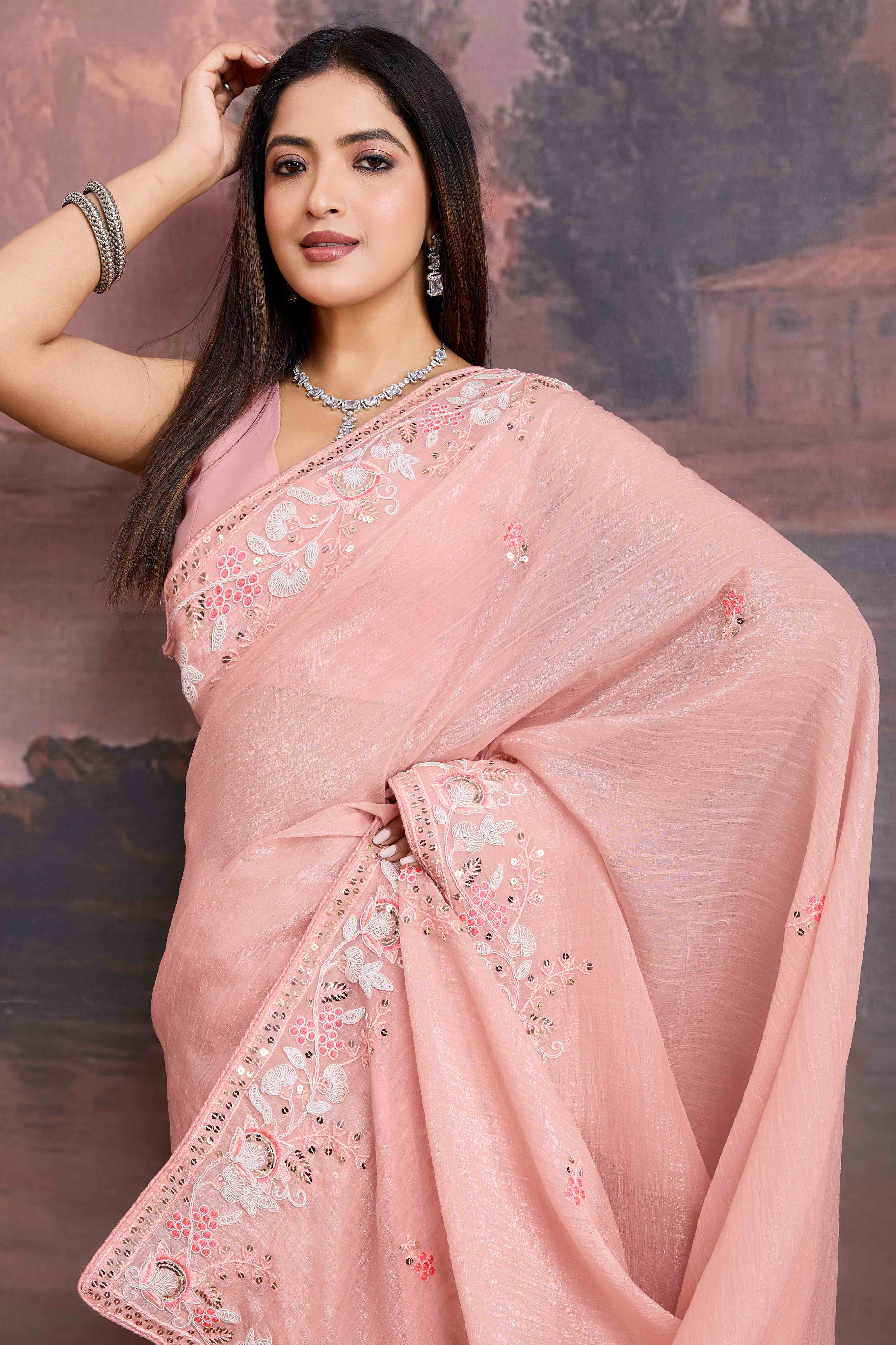 Peach Floral Sequins Embroidered Organza Saree
