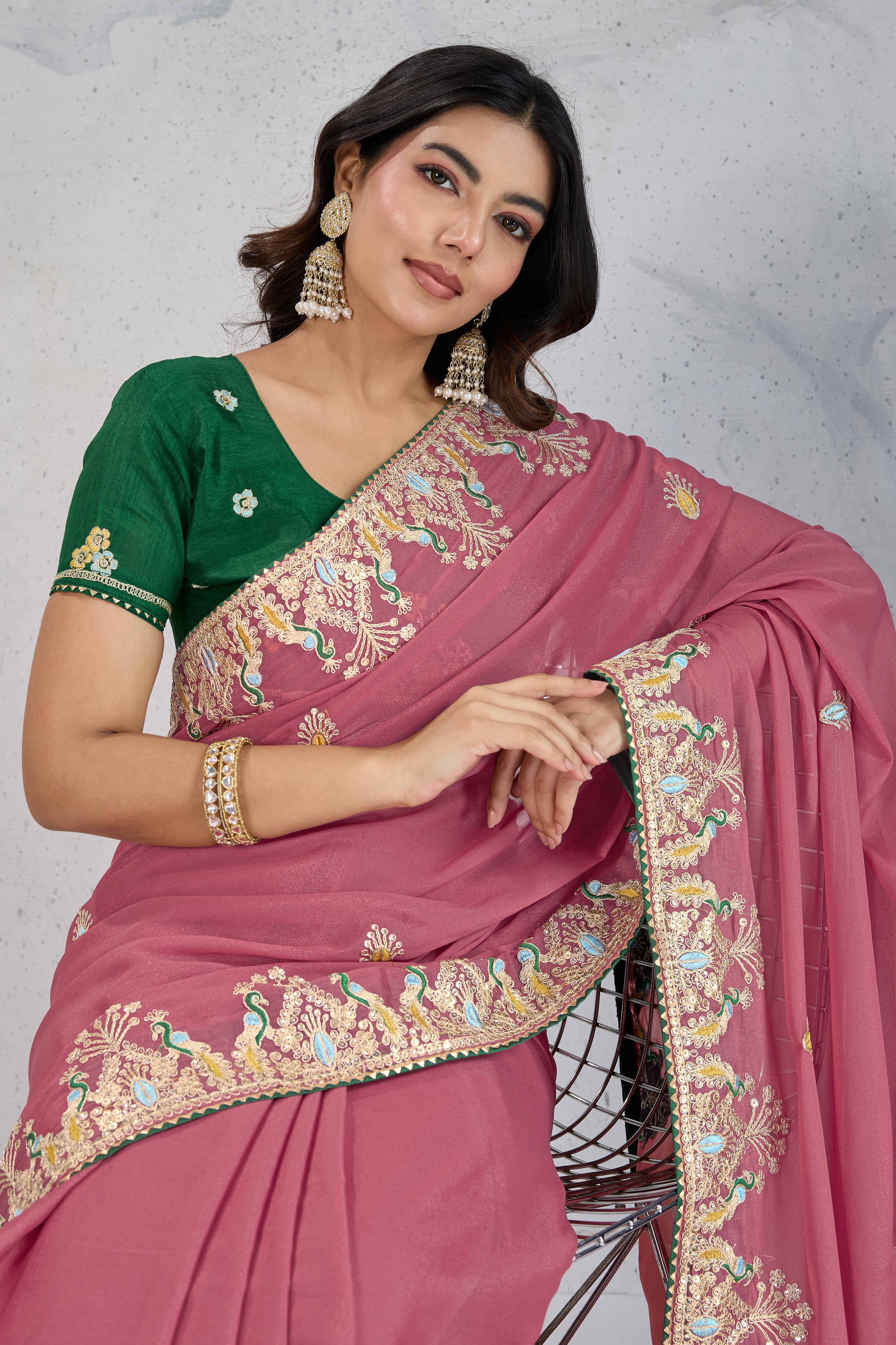 Dusty Pink Embroidered Saree with Ethnic Detailing in Georgette Fabric