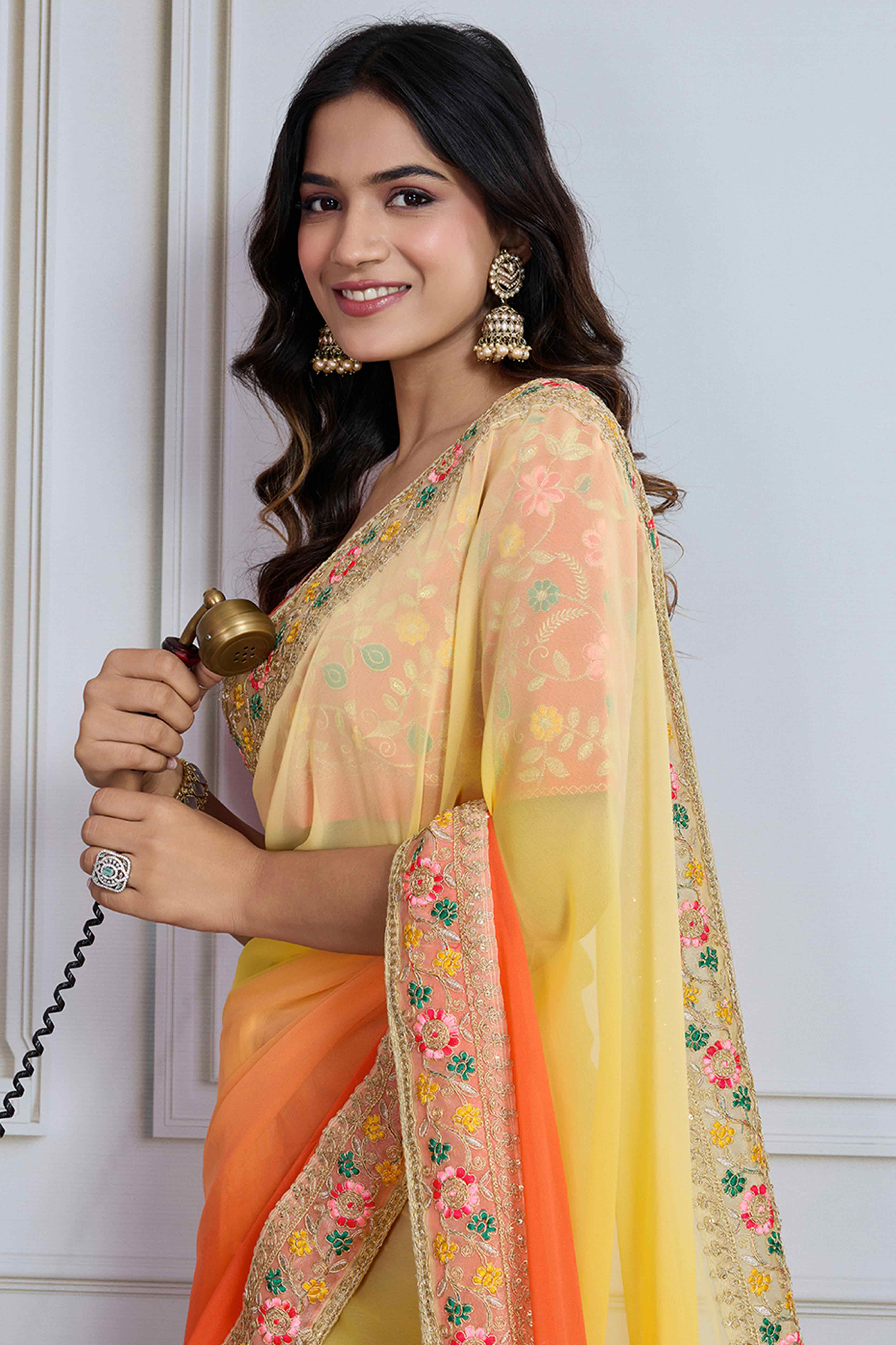 Yellow To Orange Georgette Ombre Saree With Intricate Floral Cording Embroidery & Sequin Detailing