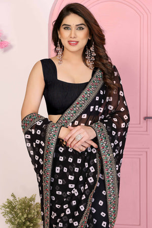 Black Georgette Saree With Bandhani Print & Exquisite Cording Embroidery Border