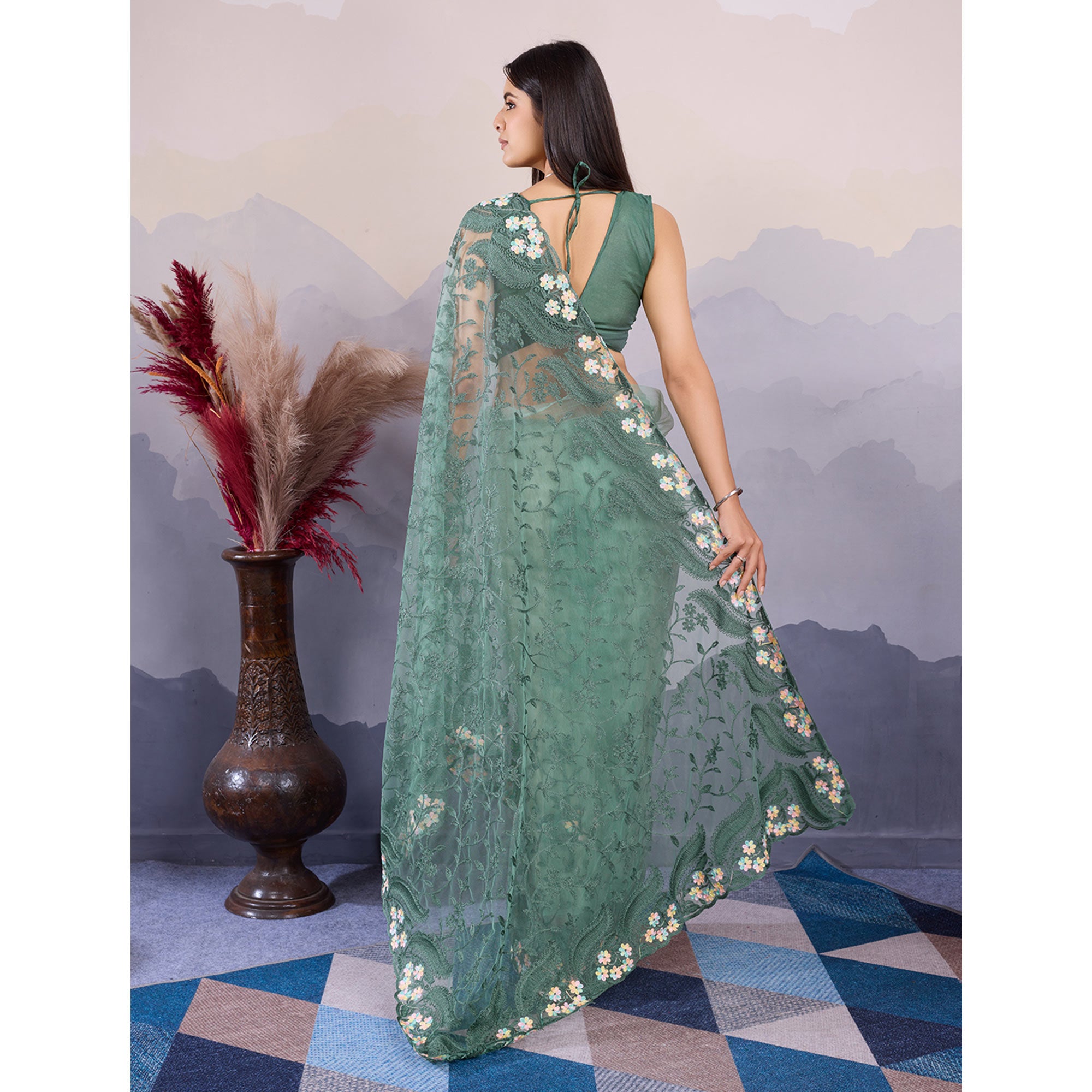 Green Floral Thread Embroidered Net Saree