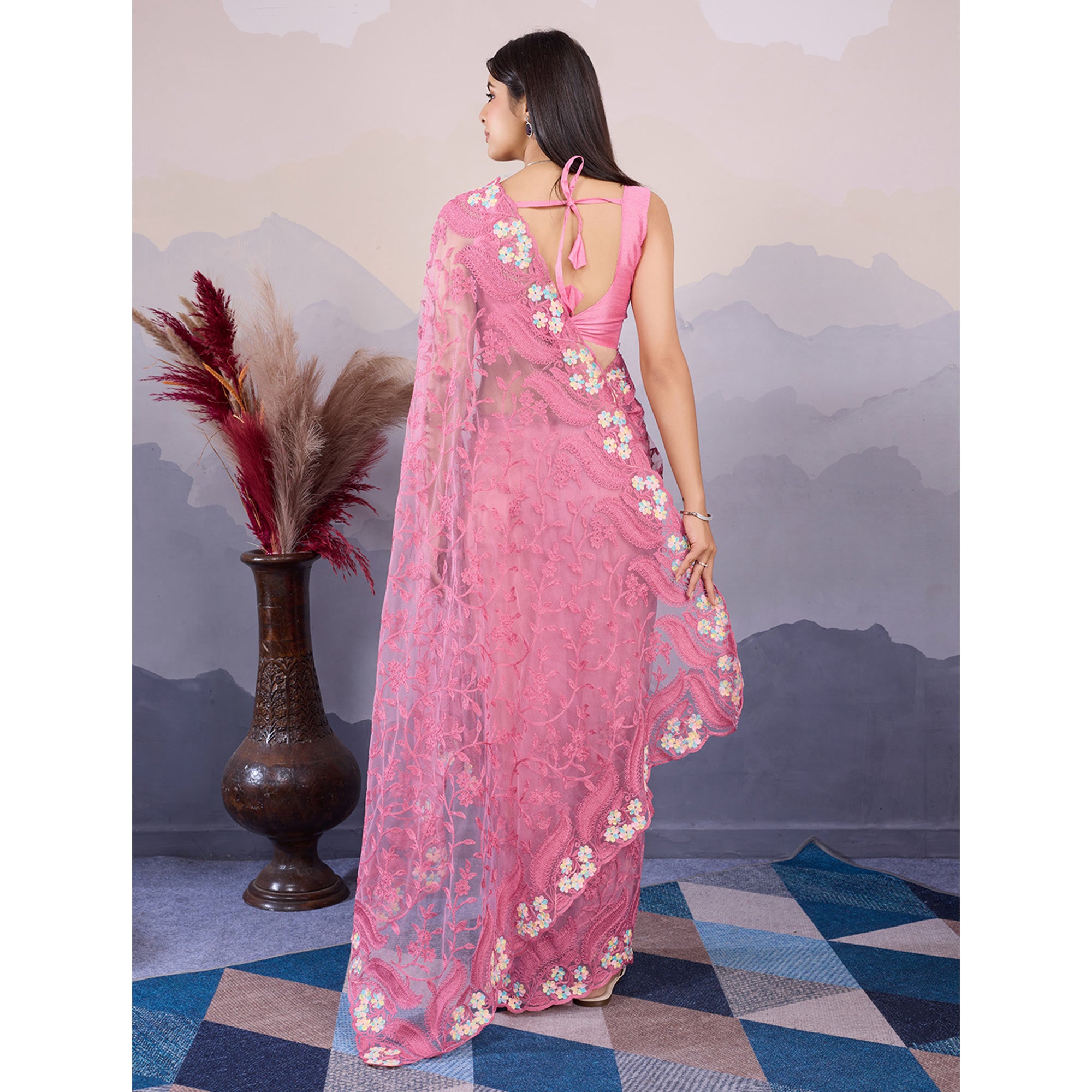 Baby Pink Floral Embroidered Net Saree