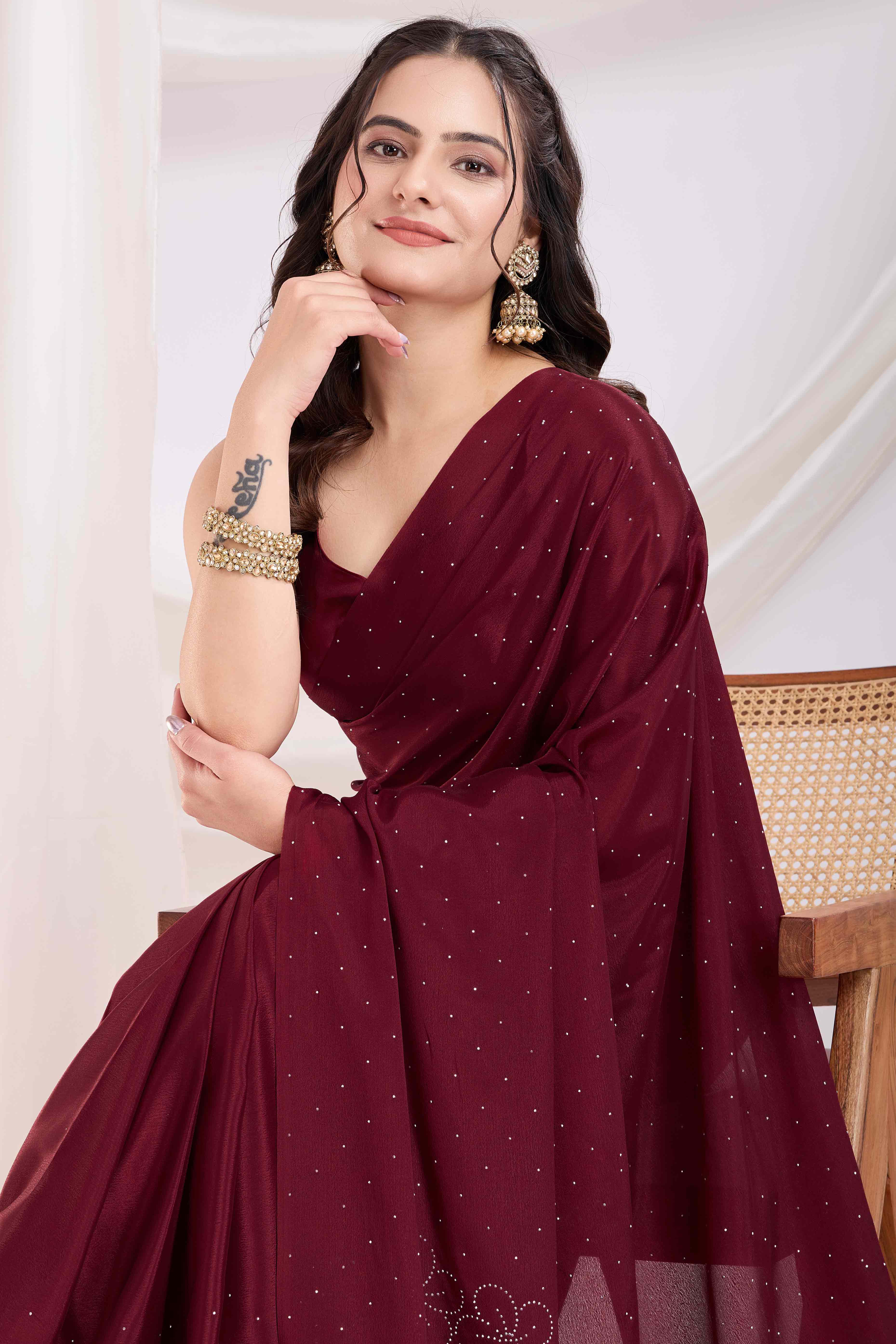 Maroon Floral Swarovski Work Rangoli Art Silk Ready To Wear Saree