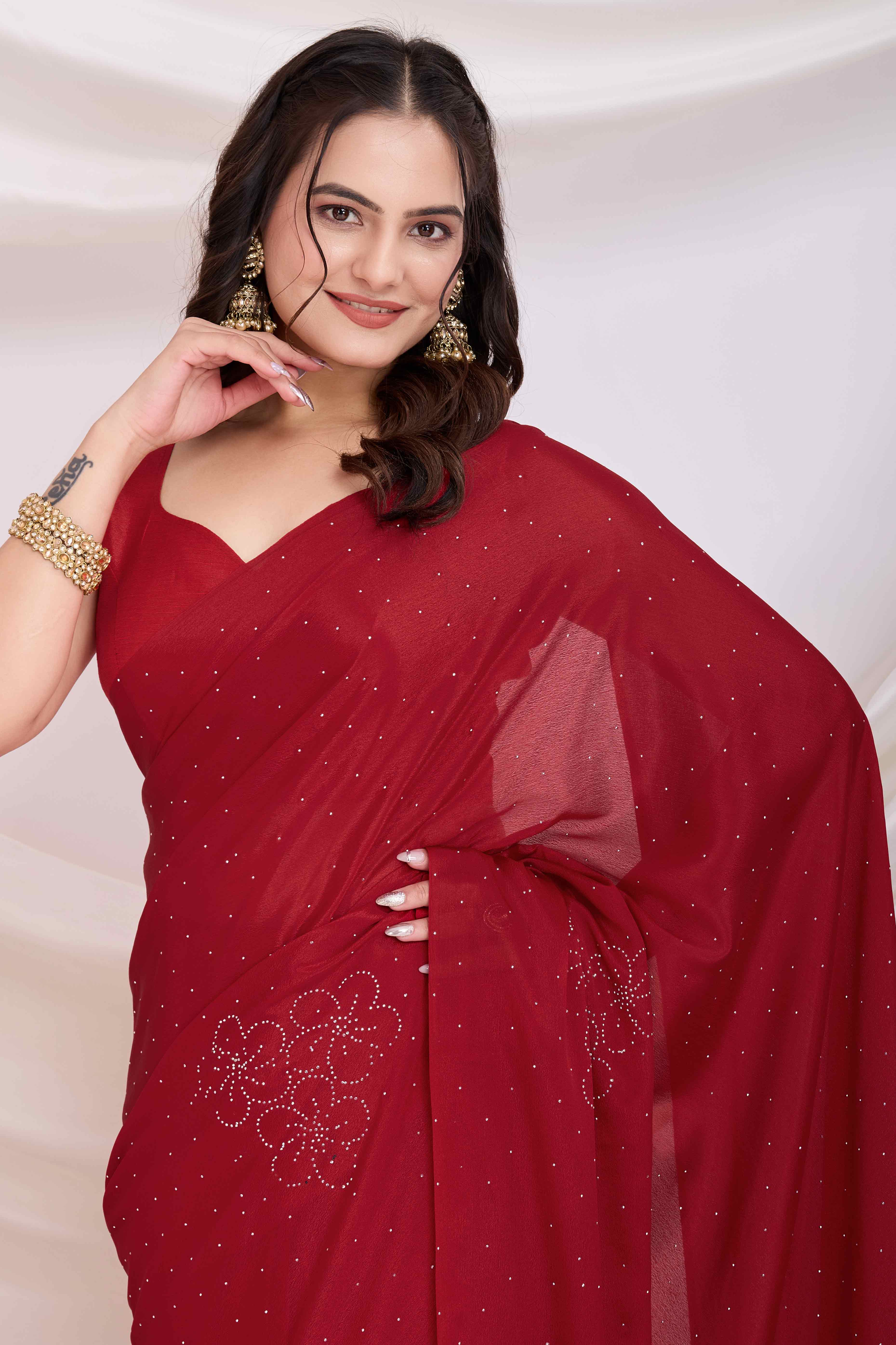 Red Floral Swarovski Work Rangoli Art Silk Ready To Wear Saree