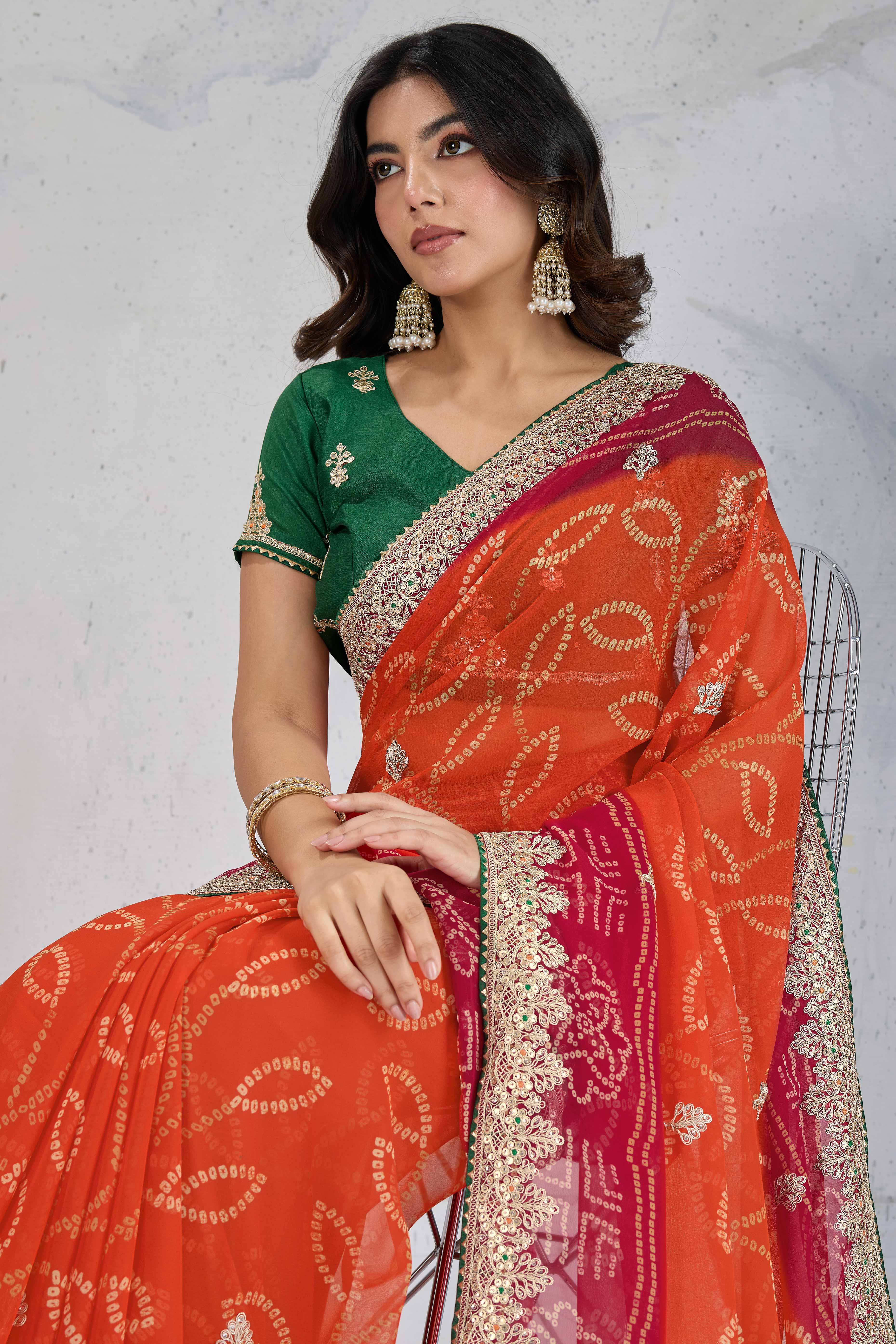 Traditional Bandhani Orange Georgette Saree with Fine Embroidery