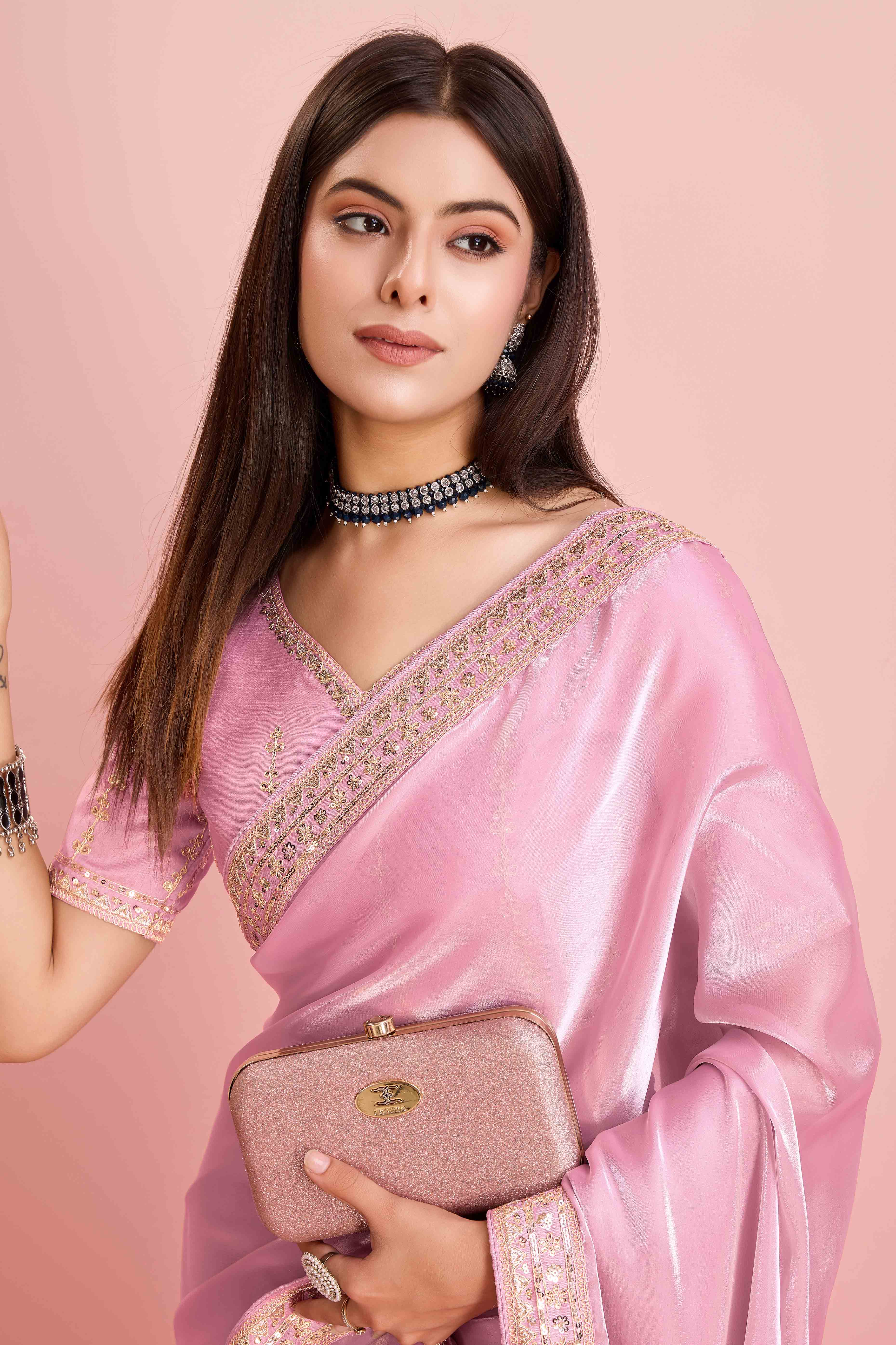 Pink Solid With Floral Sequins Embroidered Jimmy Choo Tissue Saree