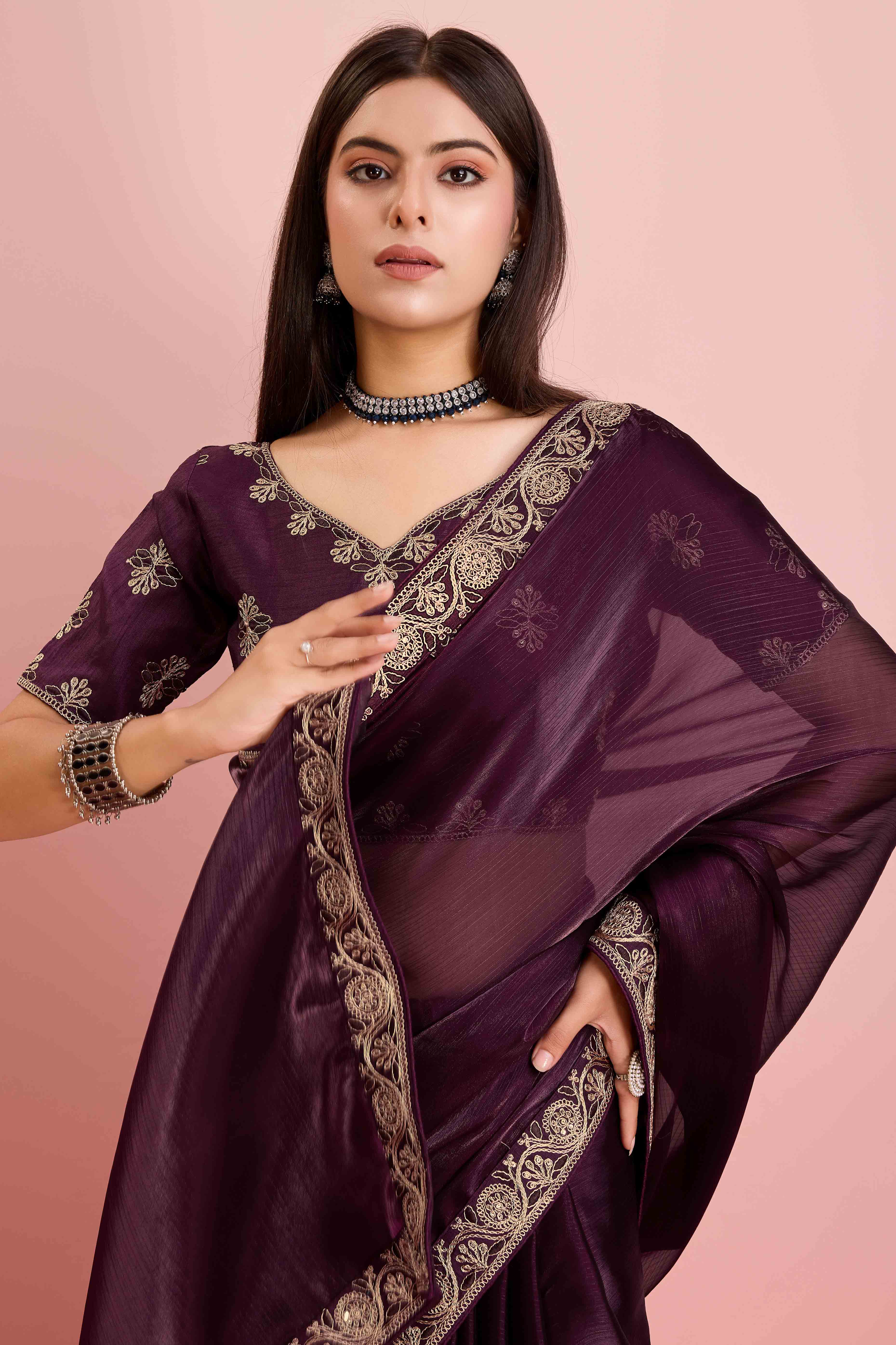 Wine Solid With Sequins Embroidery Border Mulberry Silk Saree