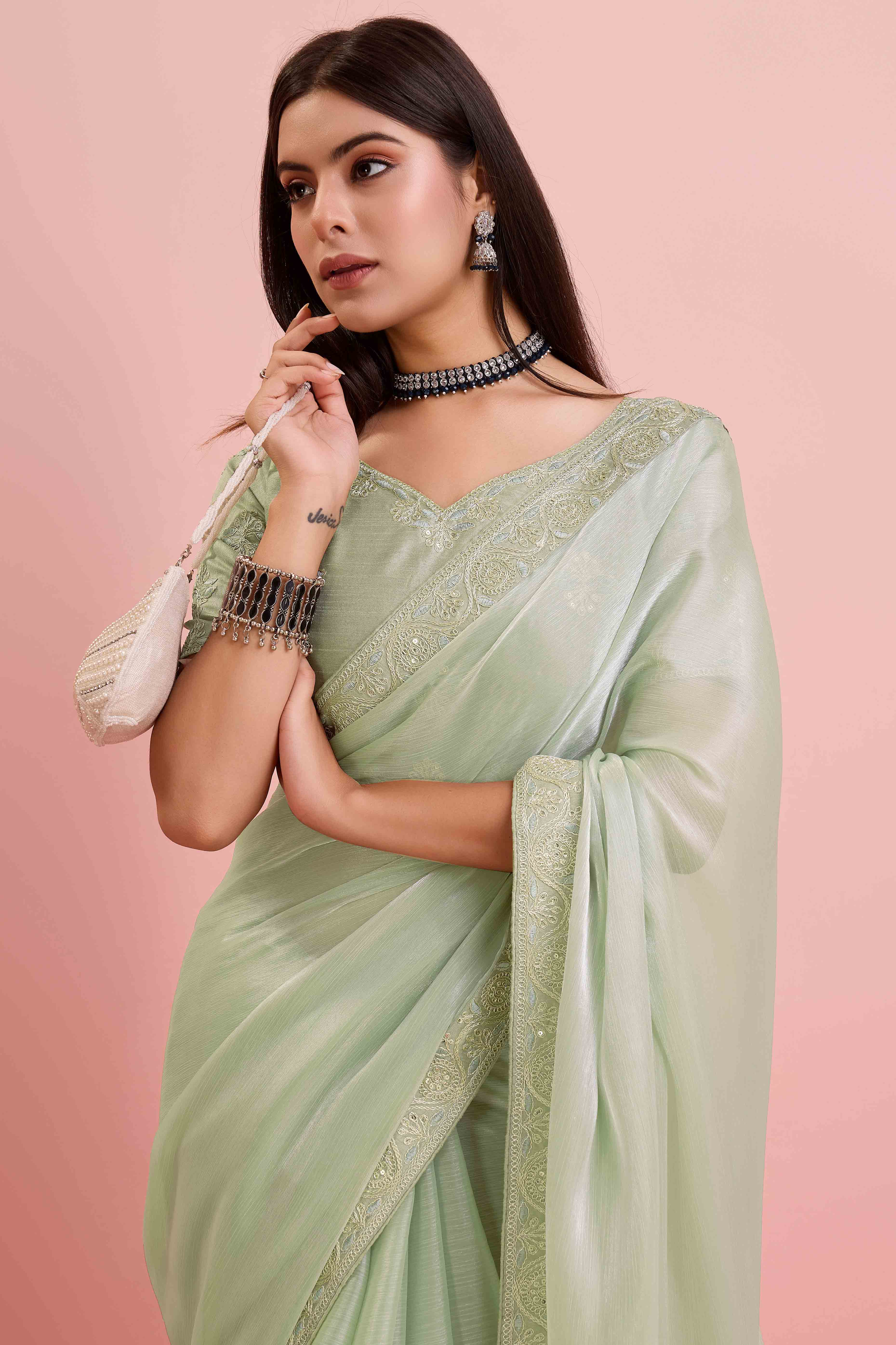 Green Solid With Sequins Embroidery Border Mulberry Silk Saree