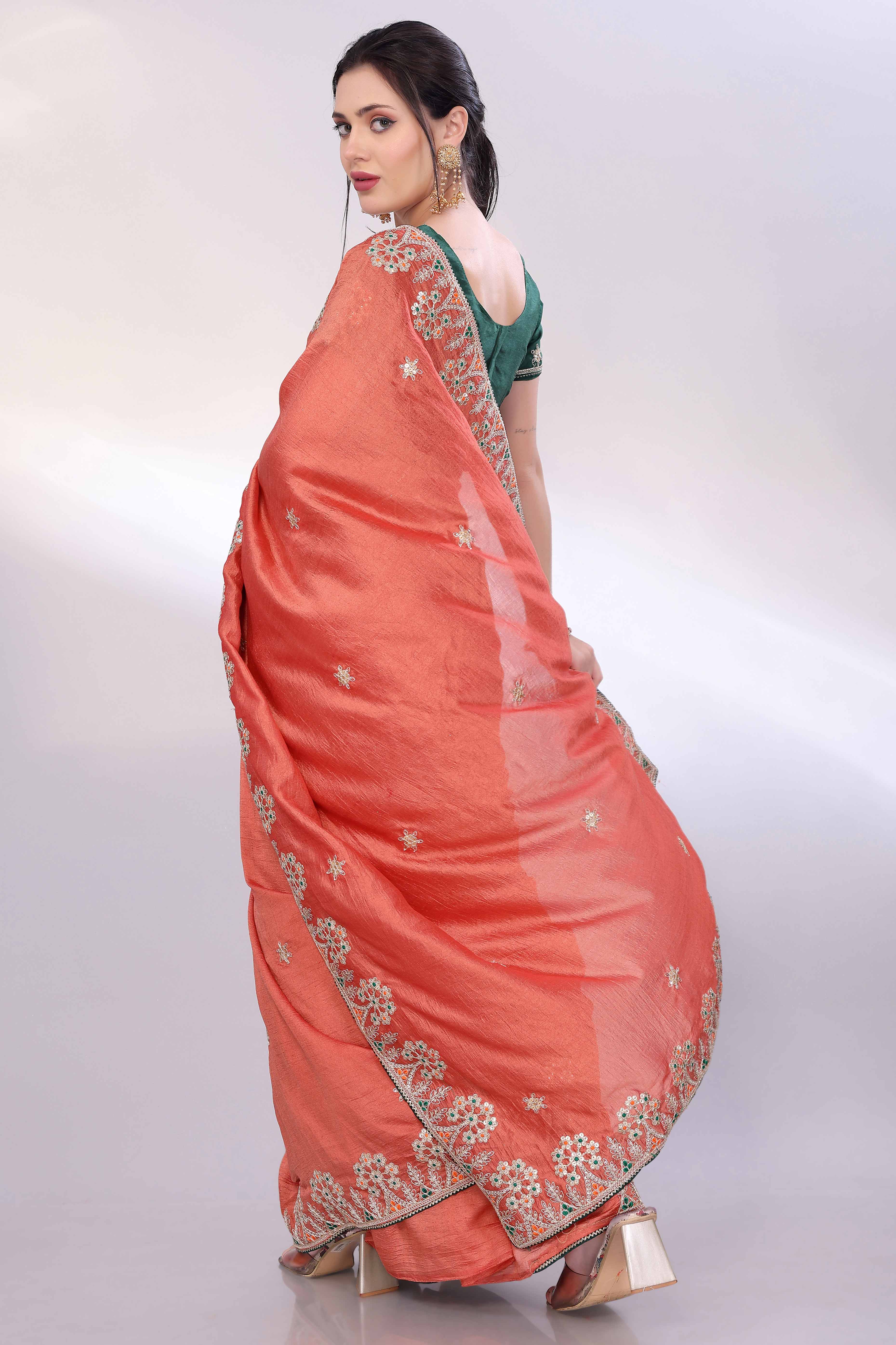 Orange Vichitra Silk Saree Embellished With Floral Cording Embroidery & Sparkling Sequins