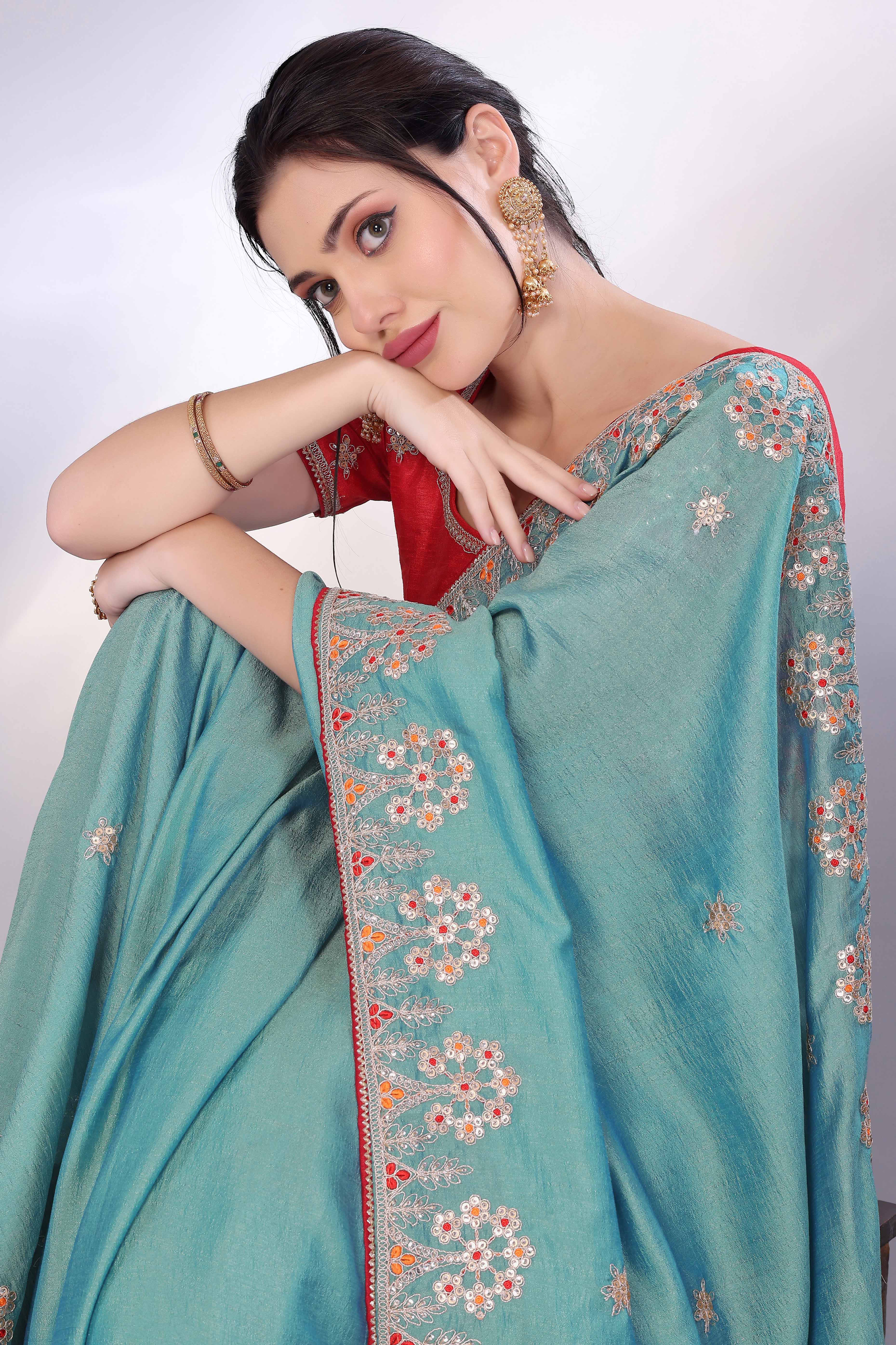 Turquoise Vichitra Silk Saree Embellished With Floral Cording Embroidery & Sparkling Sequins