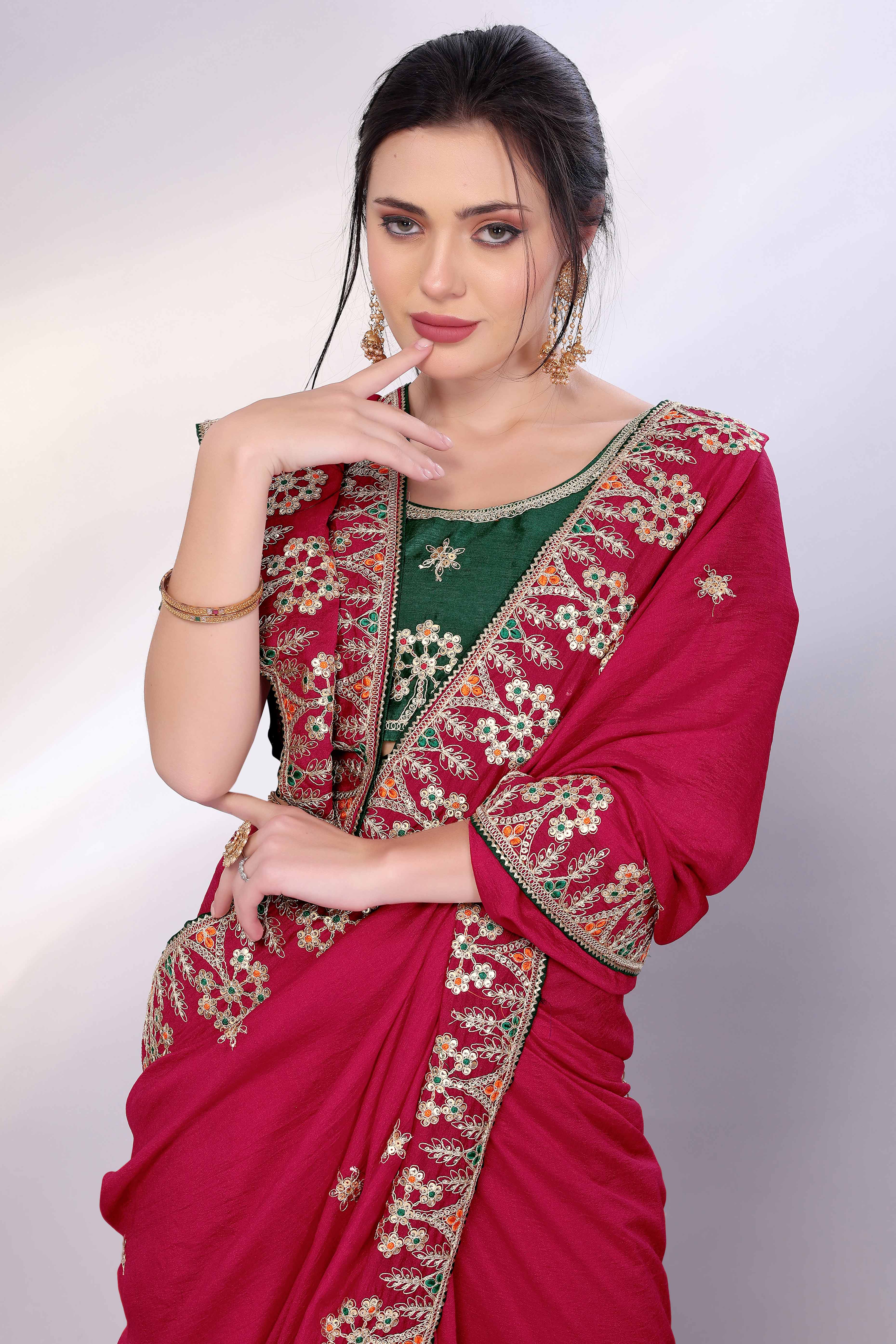 Pink Vichitra Silk Saree Embellished With Floral Cording Embroidery & Sparkling Sequins