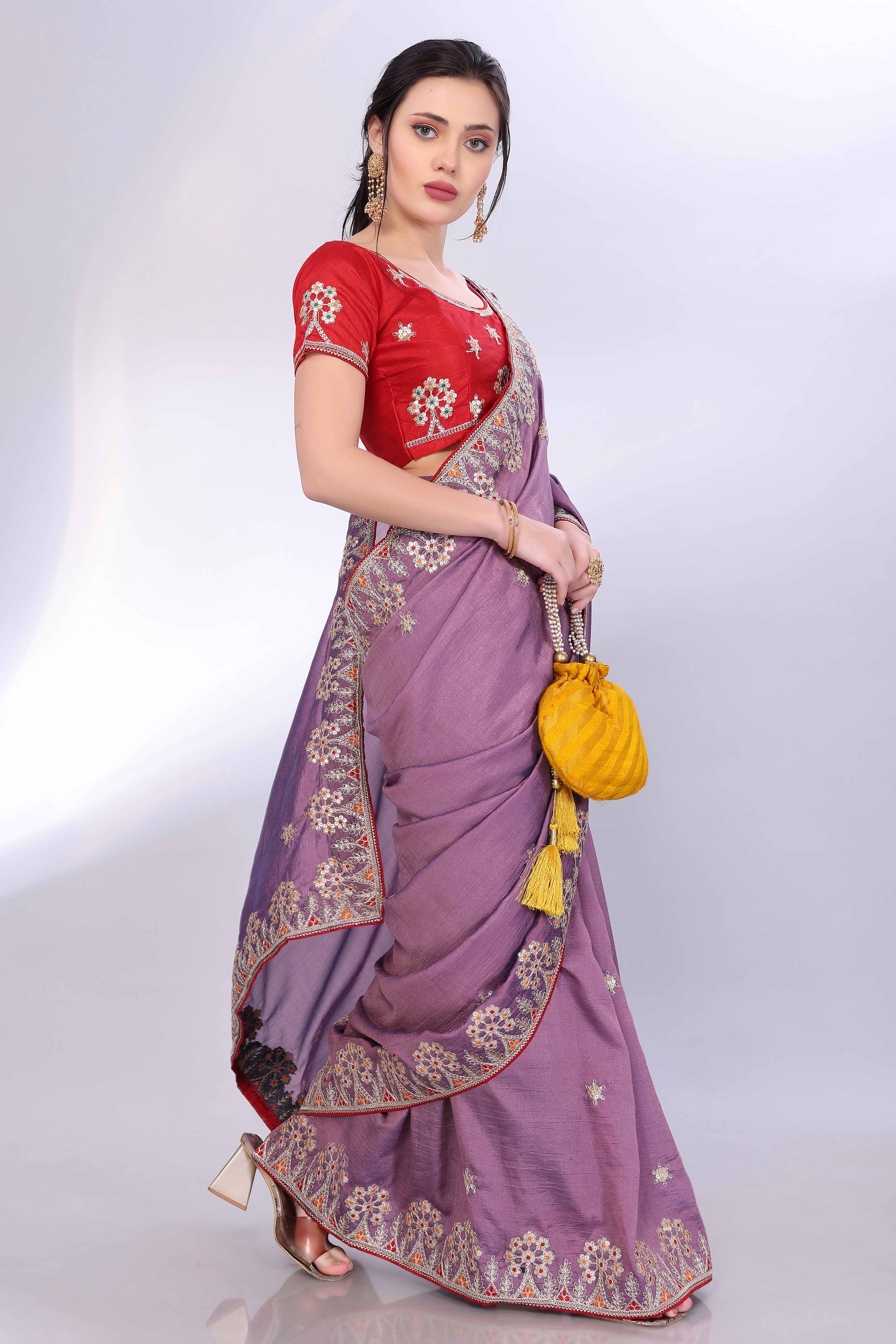 Lavender Vichitra Silk Saree Embellished With Floral Cording Embroidery & Sparkling Sequins