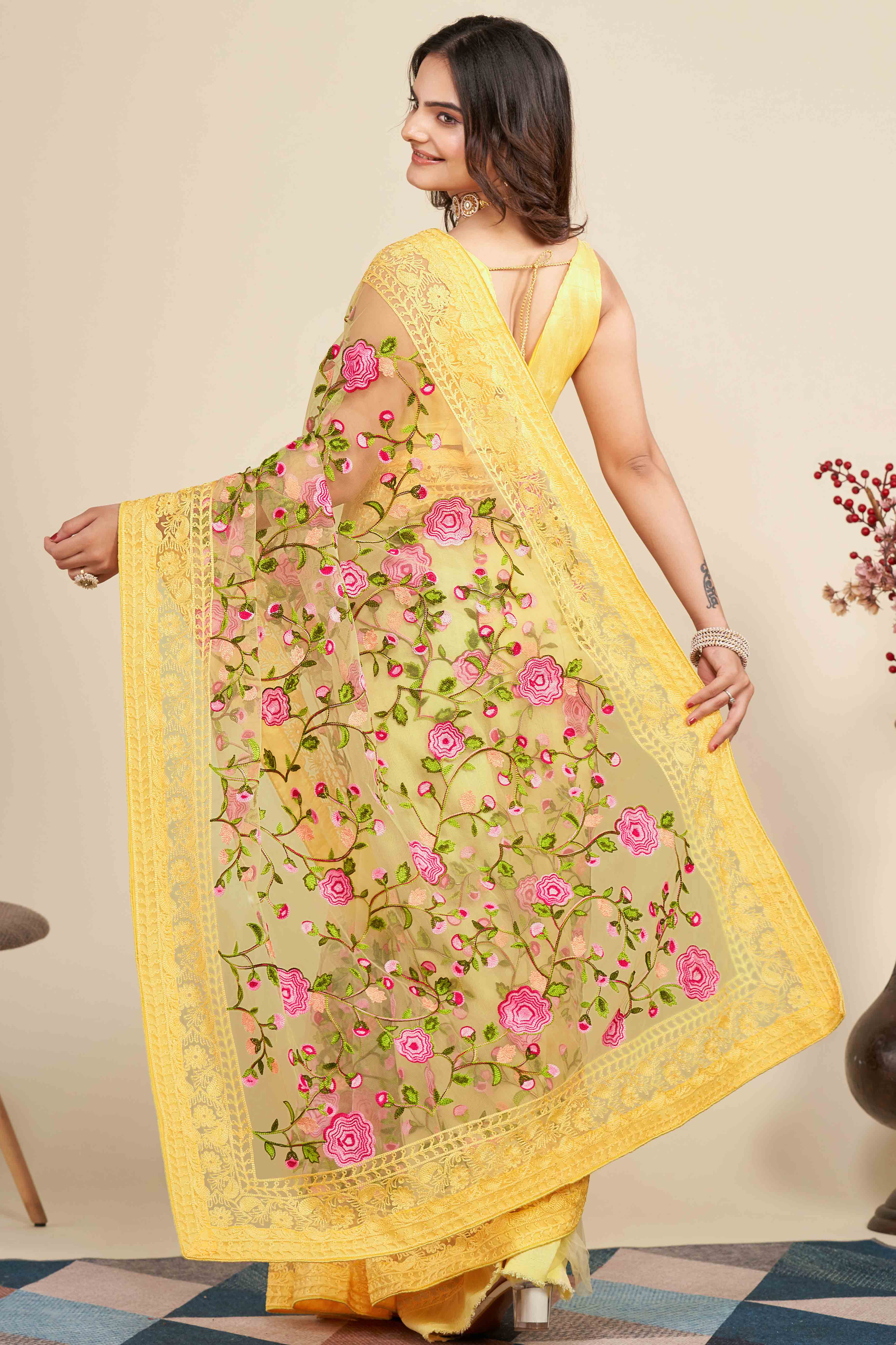 Yellow Floral Embroidered Party Wear Saree in Net Fabric with Lavish Detailing
