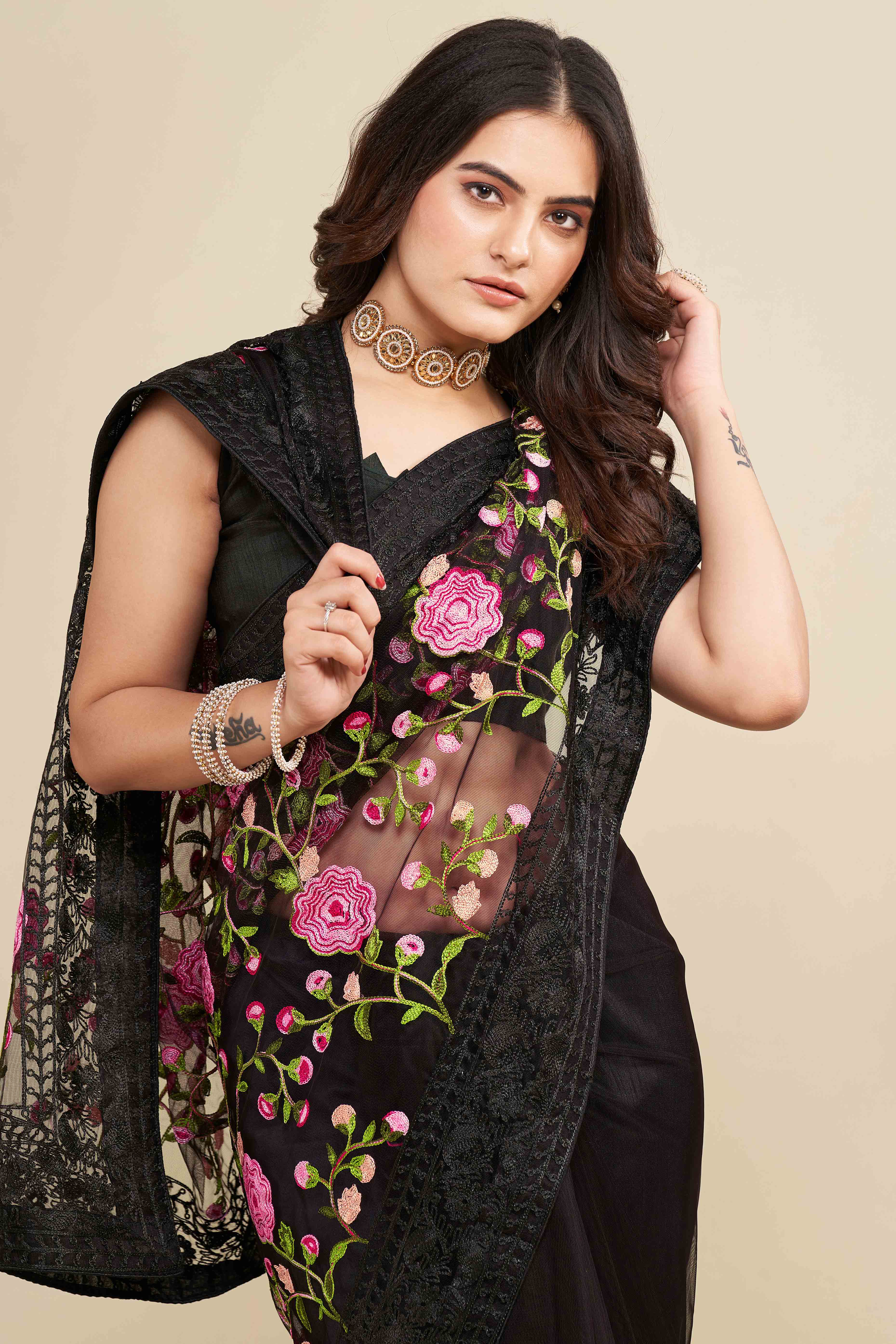 Black Floral Embroidered Party Wear Saree in Net Fabric with Lavish Detailing