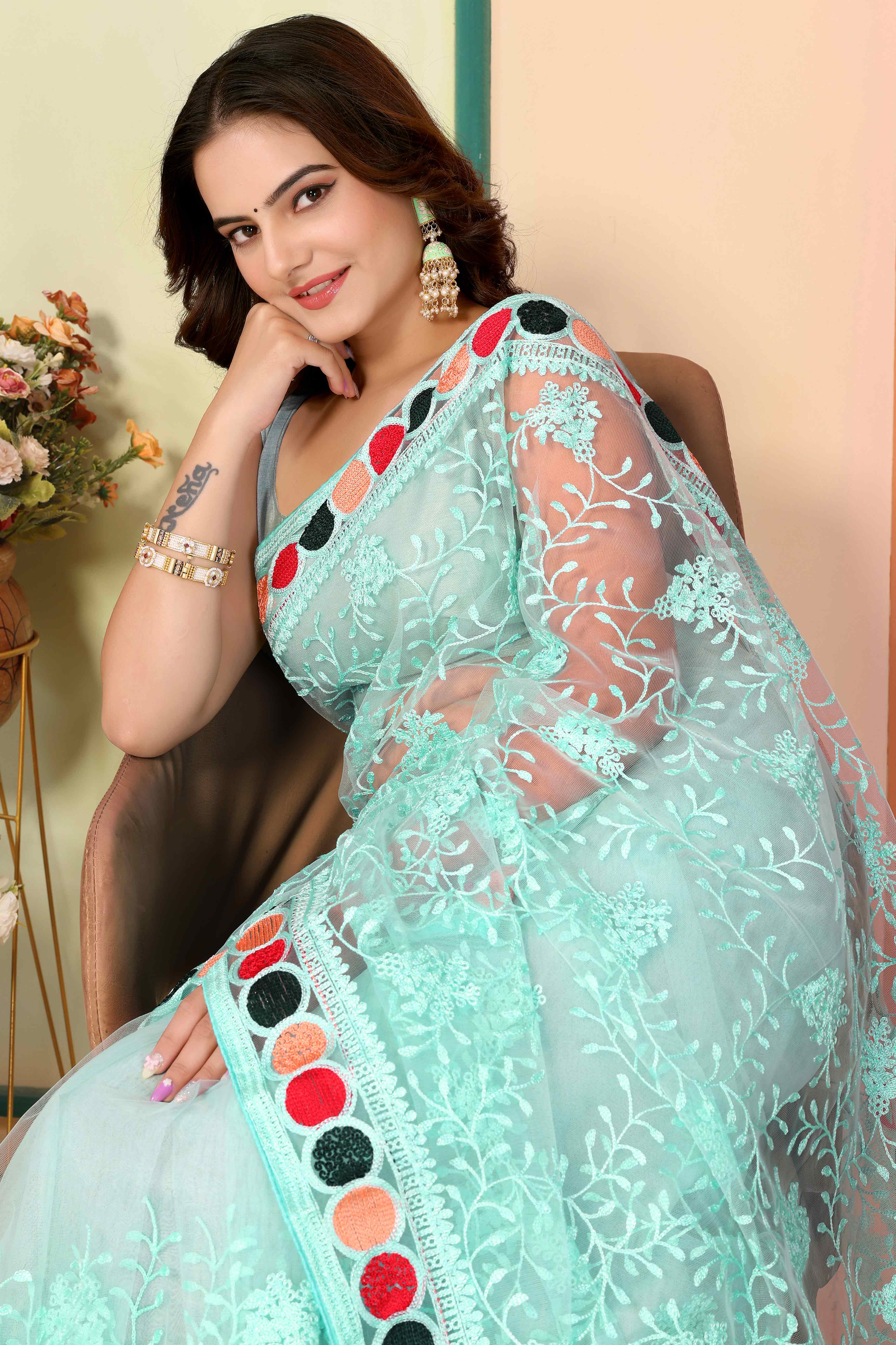 Blue Floral Embroidered Net Saree