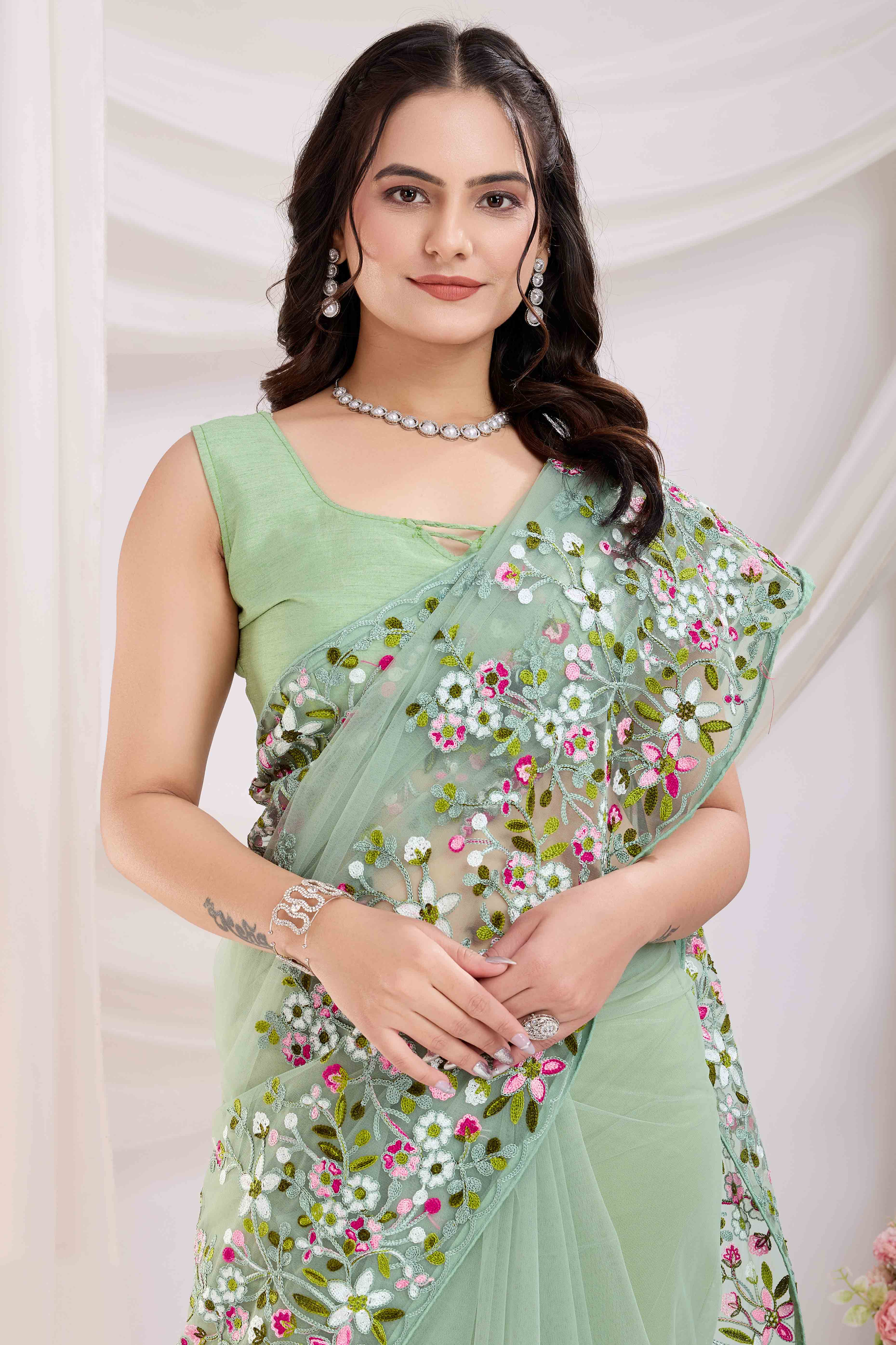 Green Floral Embroidered Net Saree