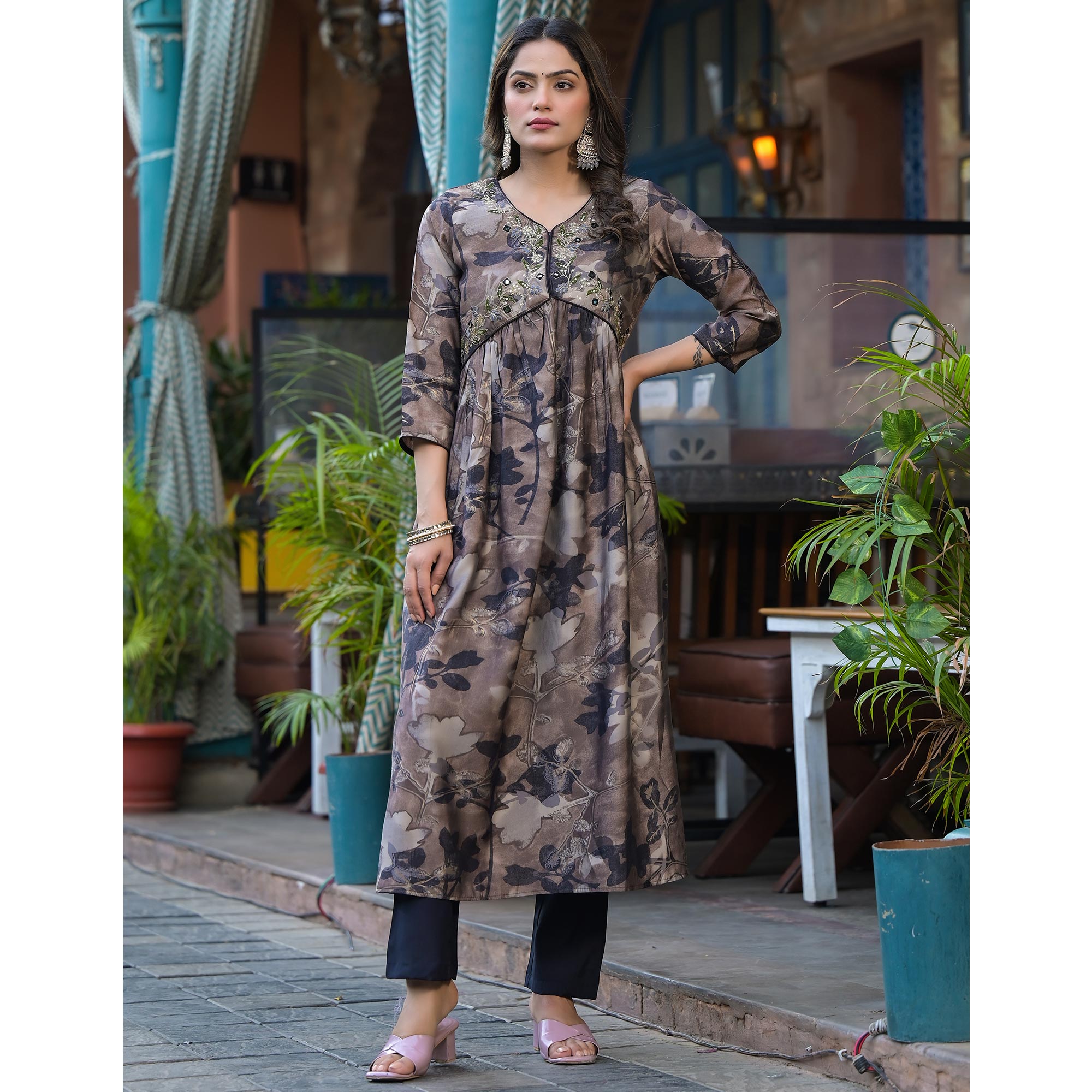 Chikoo & Black Floral Printed Alia Cut Chanderi Silk Salwar Suit