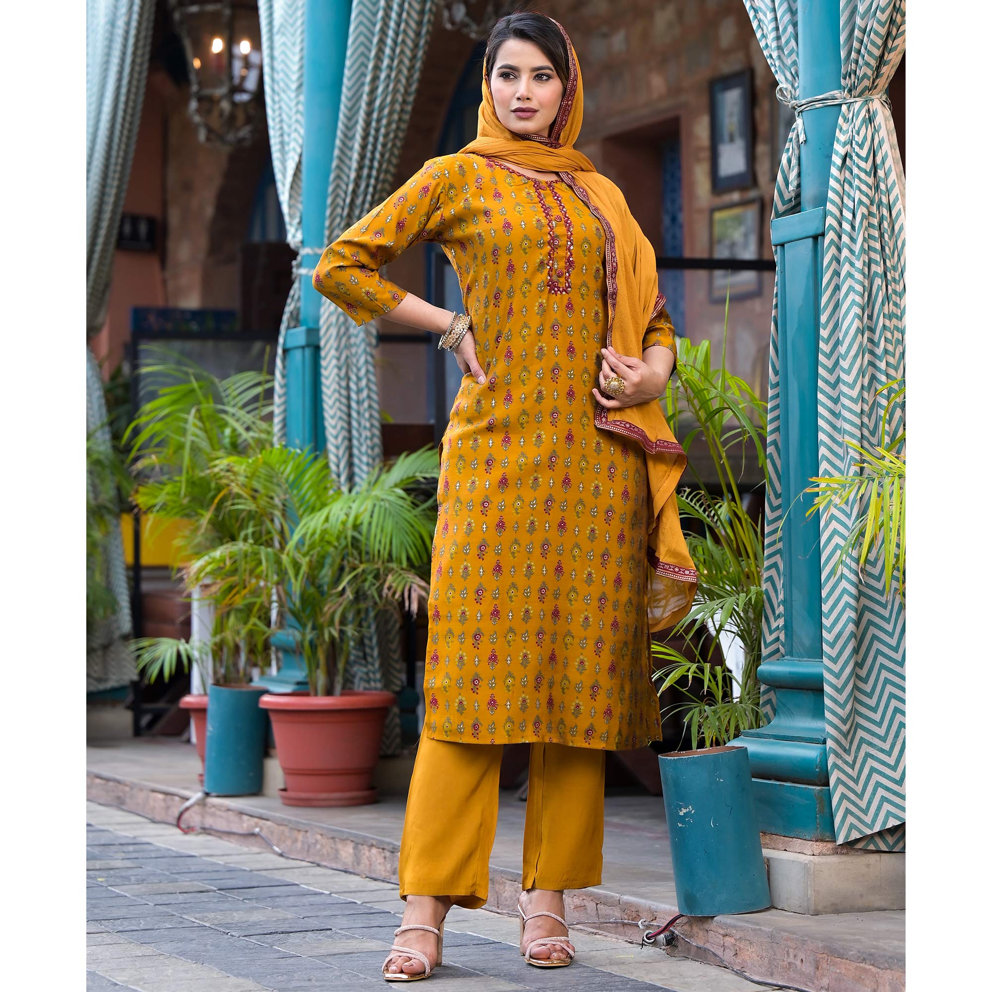 Mustard Floral Kantha Work Embroidered Chanderi Silk Salwar Suit