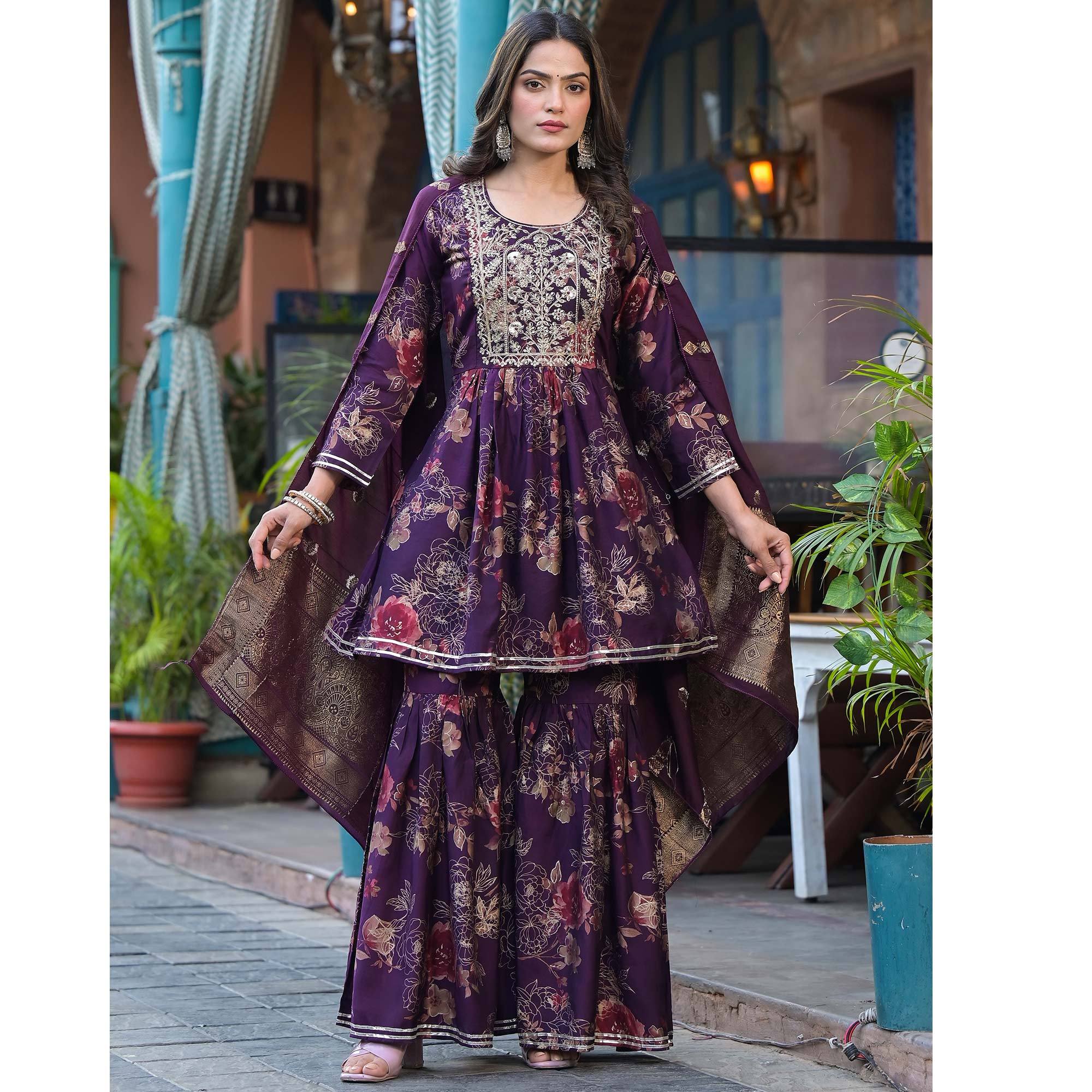 Wine Floral Embroidered Chanderi Silk Sharara Suit
