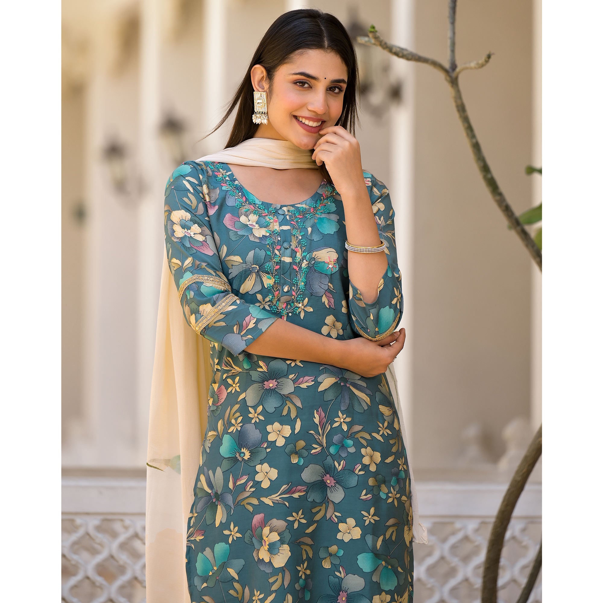 Turquoise Floral Printed Chanderi Silk Straight Salwar Suit