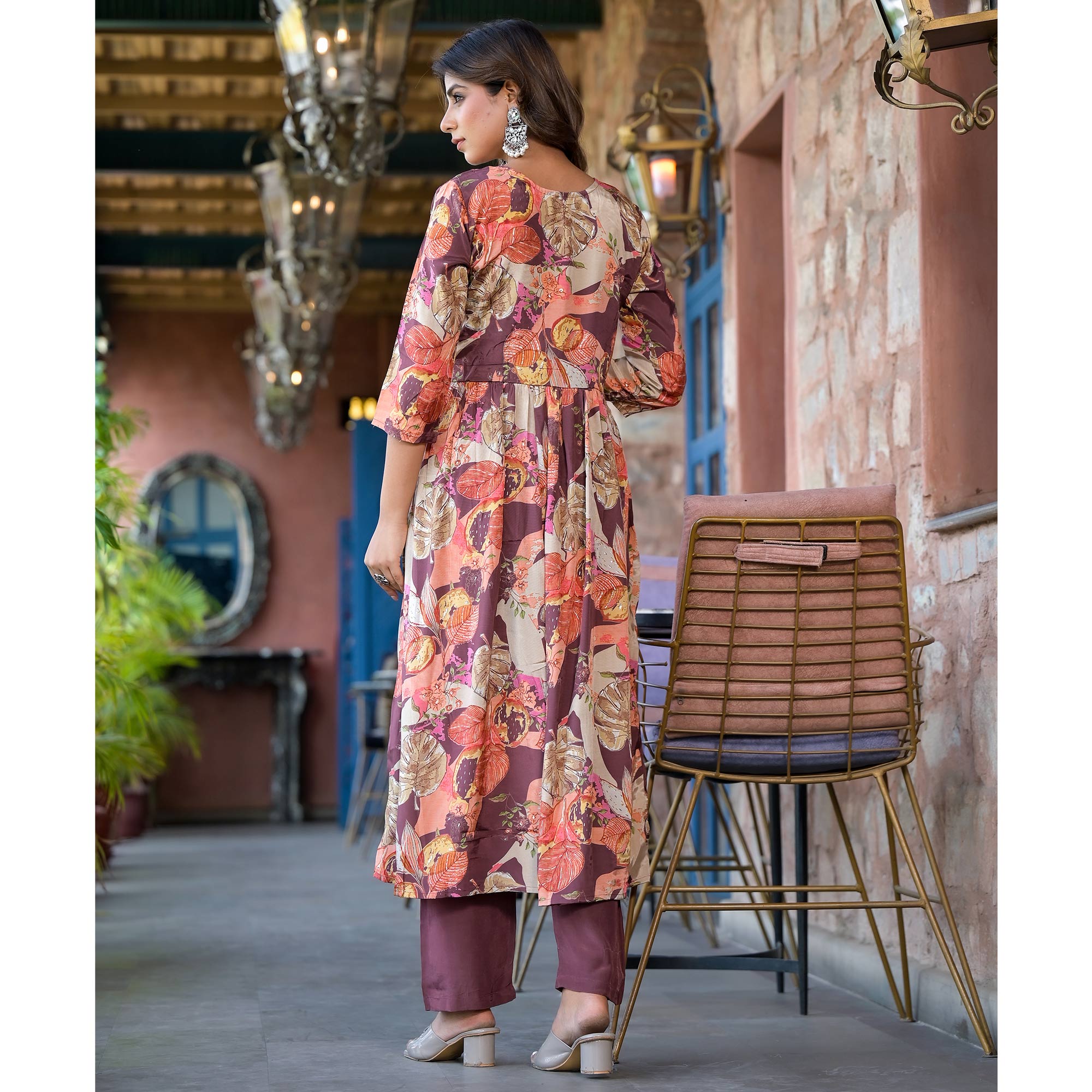 Coffee Brown Floral Foil Printed Muslin Alia Cut Salwar Suit With Handcrafted