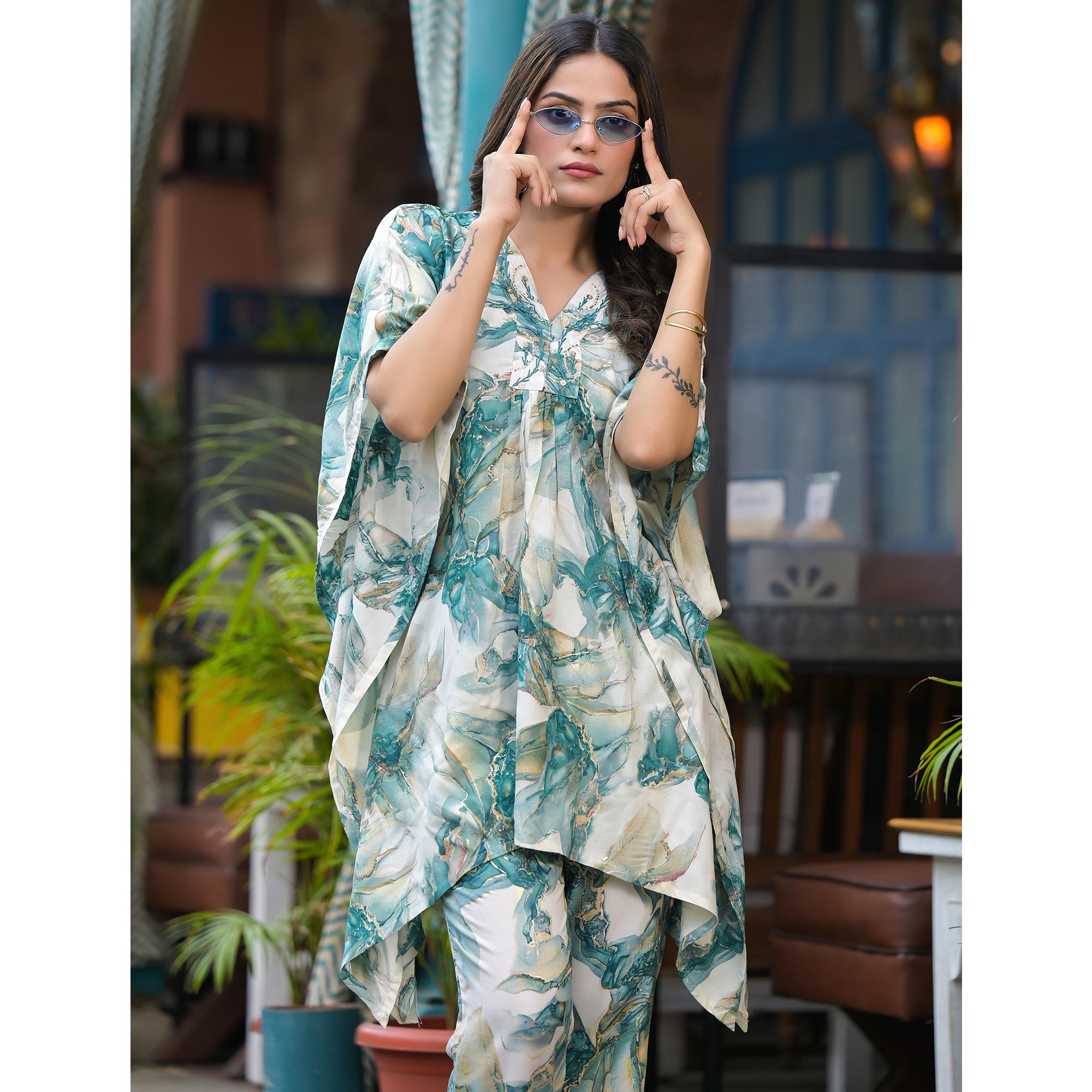 Green Foil Printed Rayon Kaftan Co-Ord Set