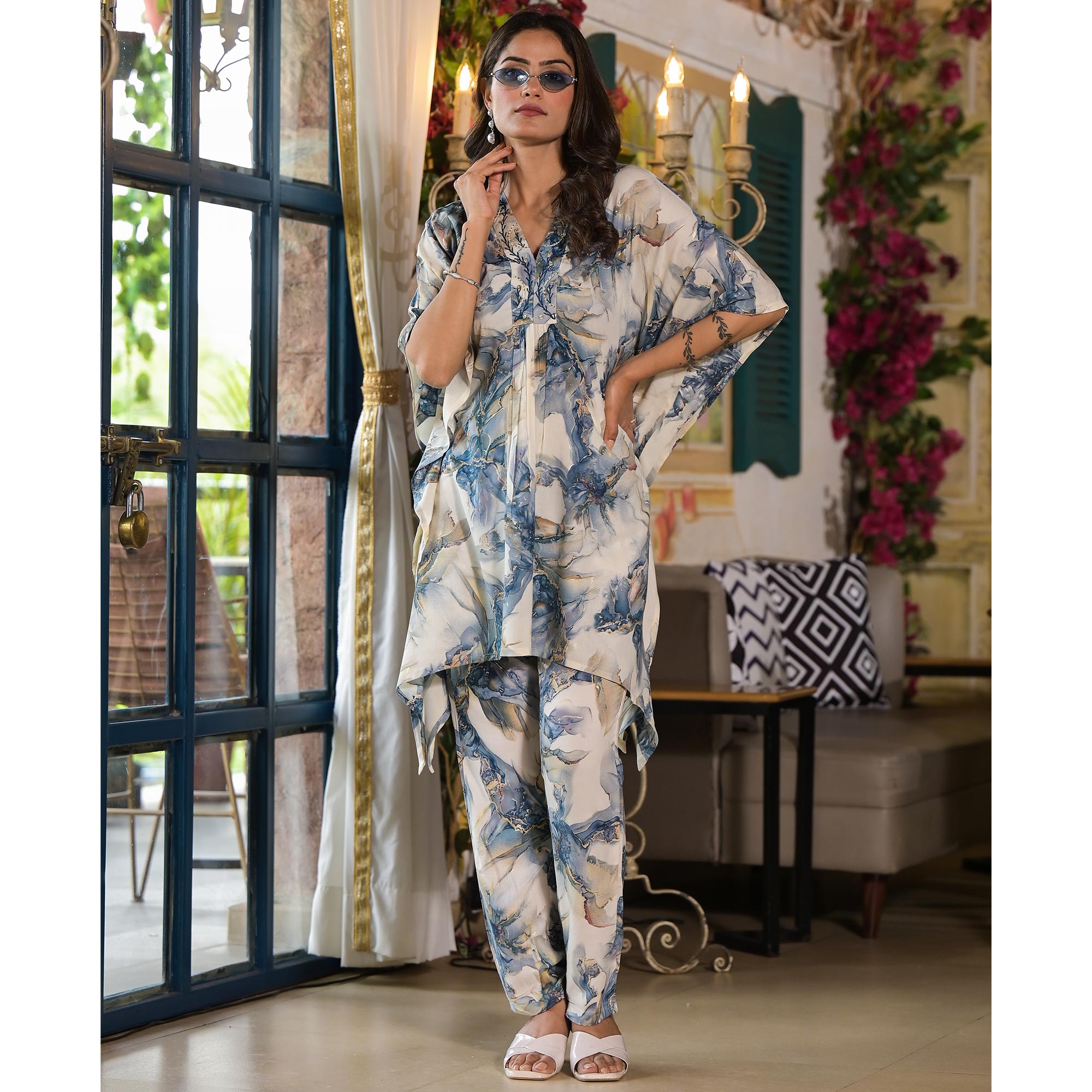 Grey Foil Printed Rayon Kaftan Co-Ord Set