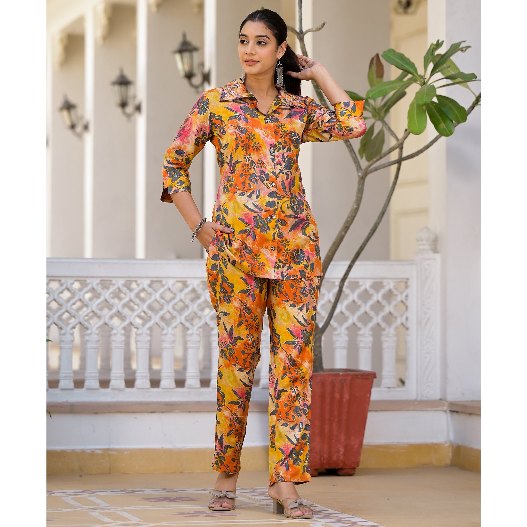 Yellow Floral Foil Printed Chanderi Silk Co Ord Set