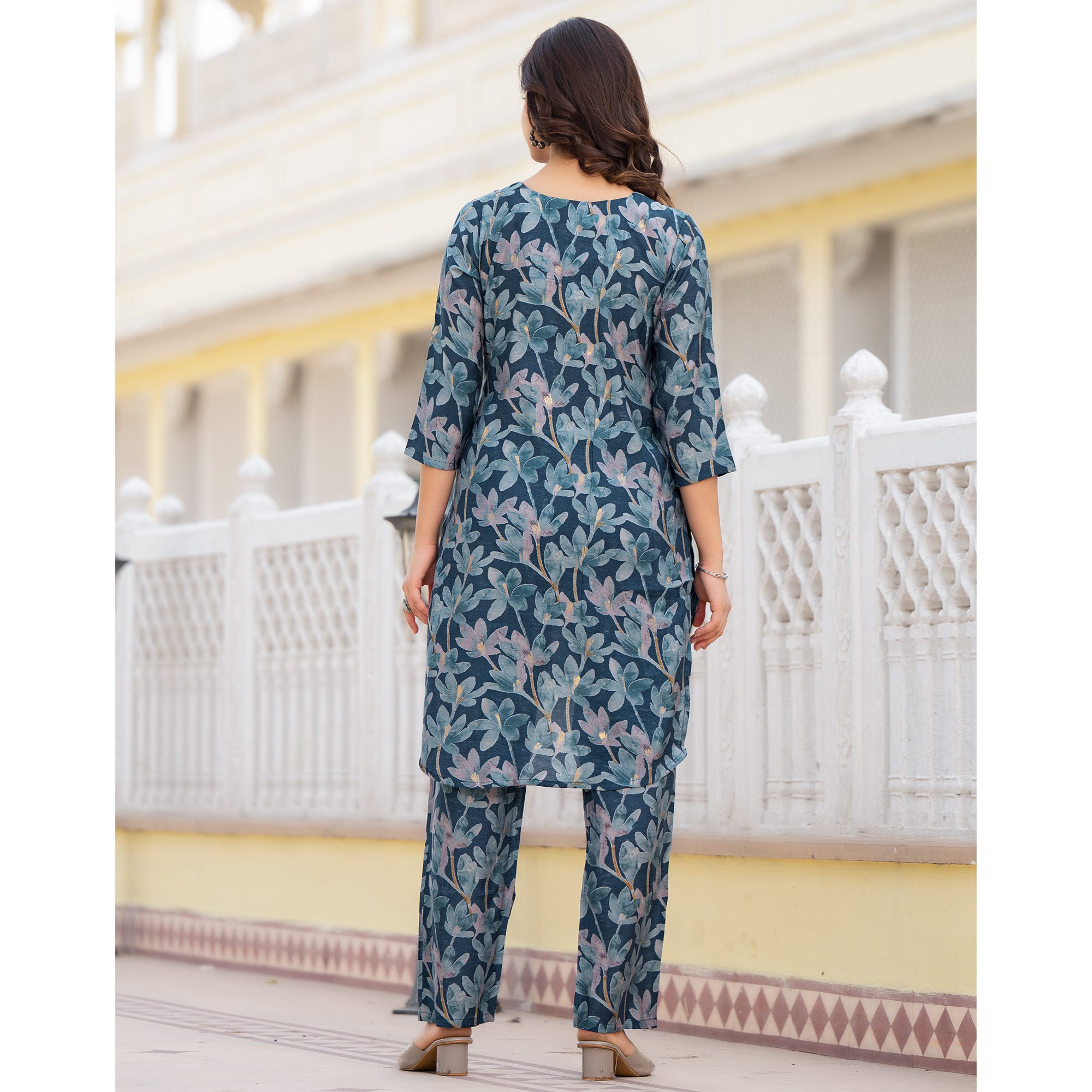 Teal Blue Floral Printed Chanderi Silk Co-Ord Set