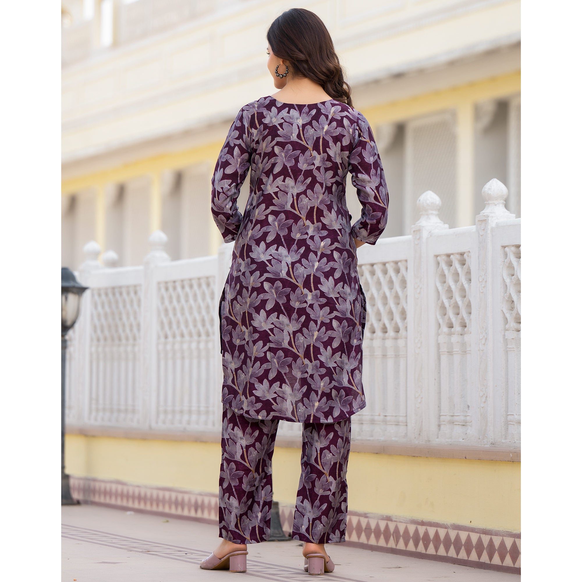 Wine Floral Printed Chanderi Silk Co-Ord Set