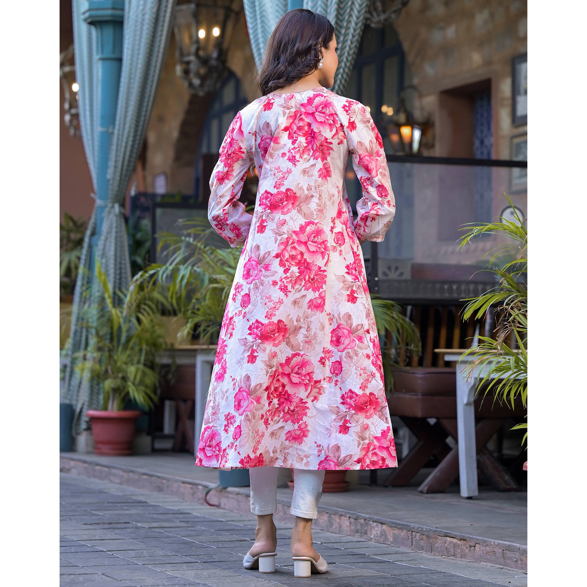 Pink Floral Printed With Beads Work Pure Cotton Maxi Dress