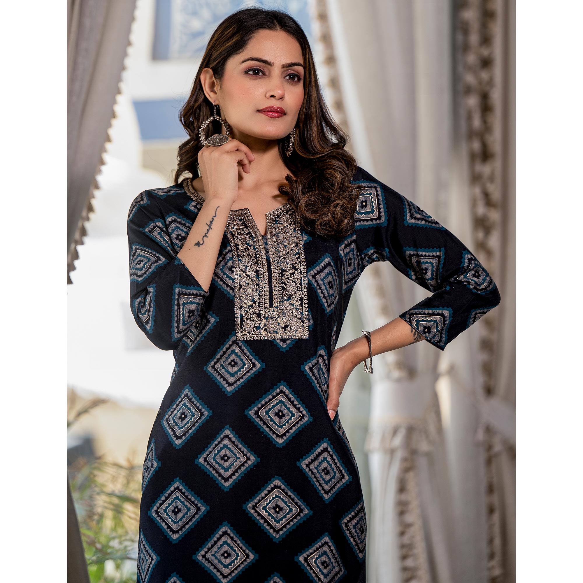 Navy Blue Foil Printed Chanderi Silk Kurti