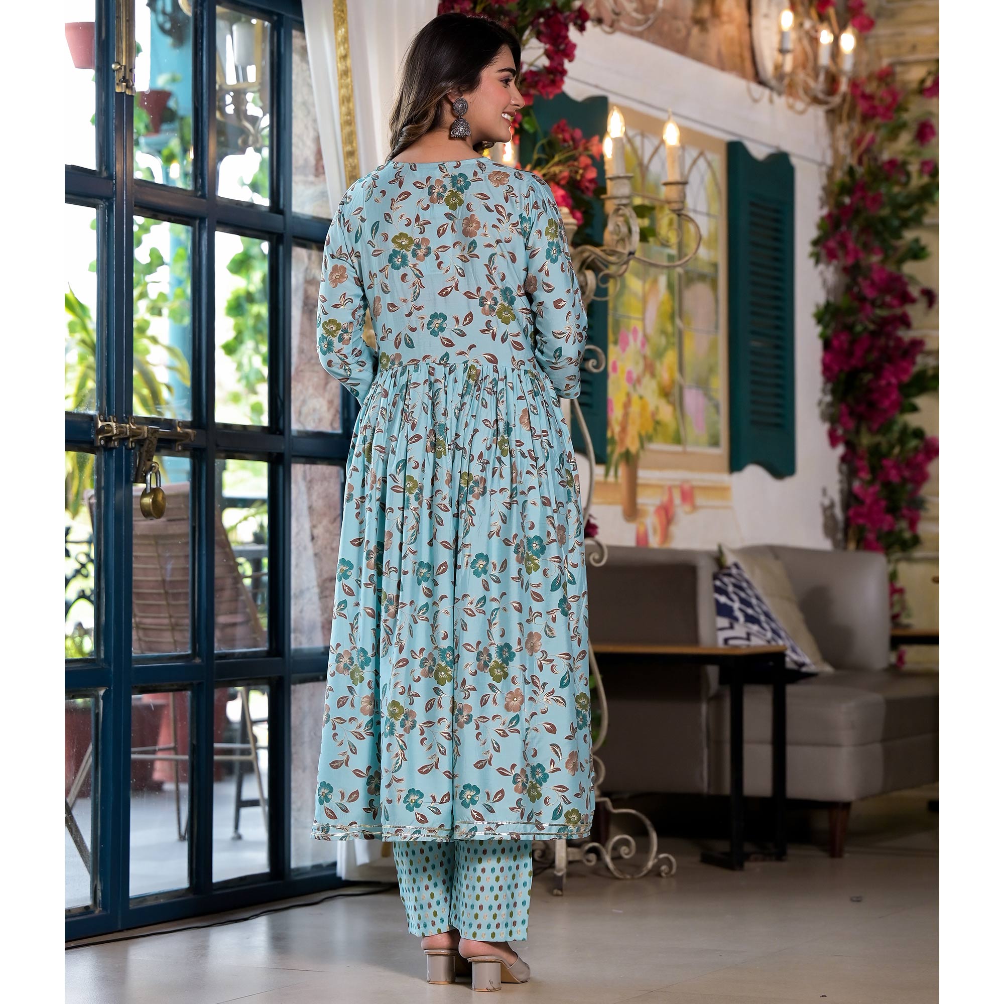 Turquoise Floral Alia Cut Chanderi Silk Salwar Suit With Zardosi Work