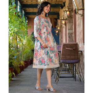 Off White & Green Floral Printed Cambric Cotton Smoked Dress