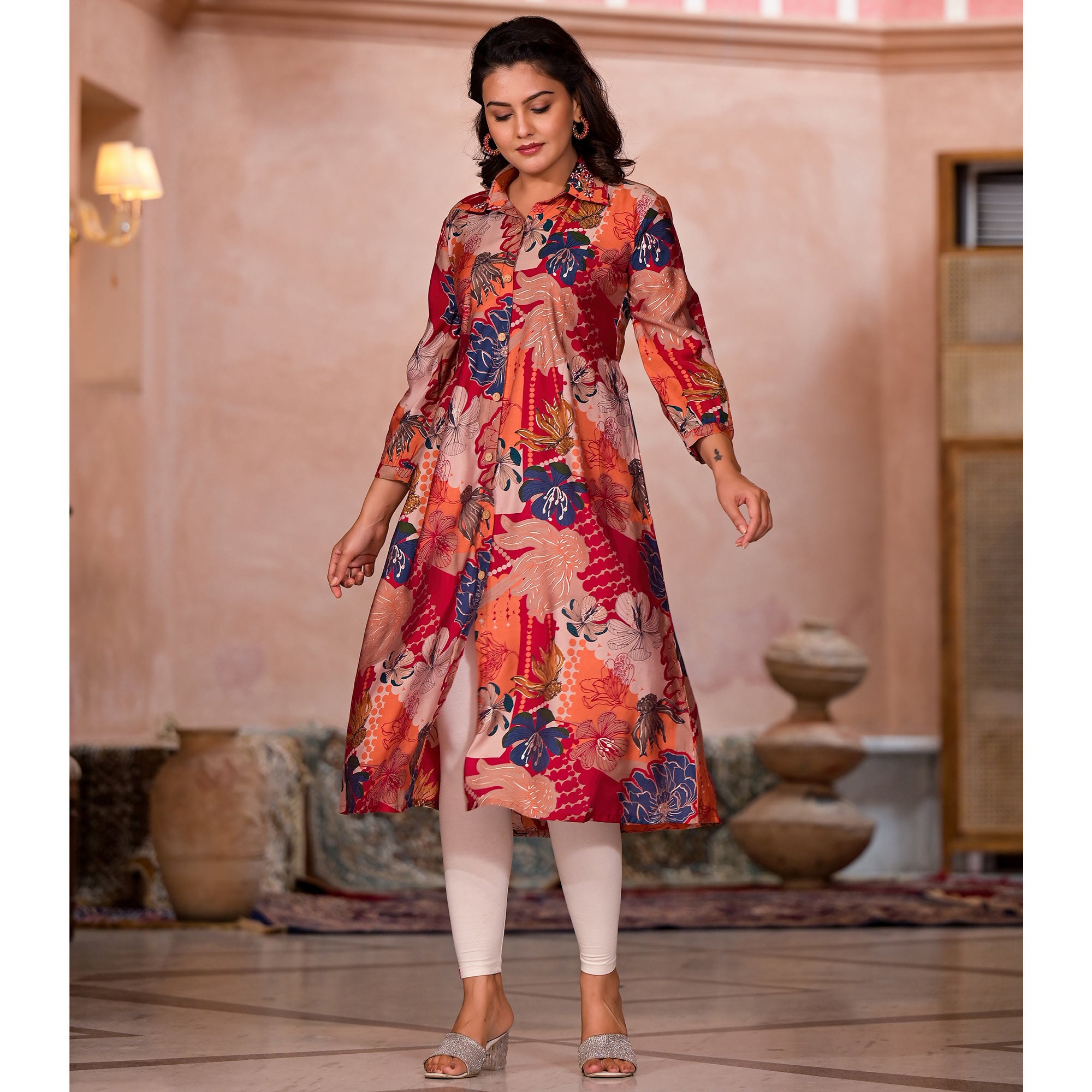 Rani Pink Floral Printed Chanderi Silk A-Line Dress