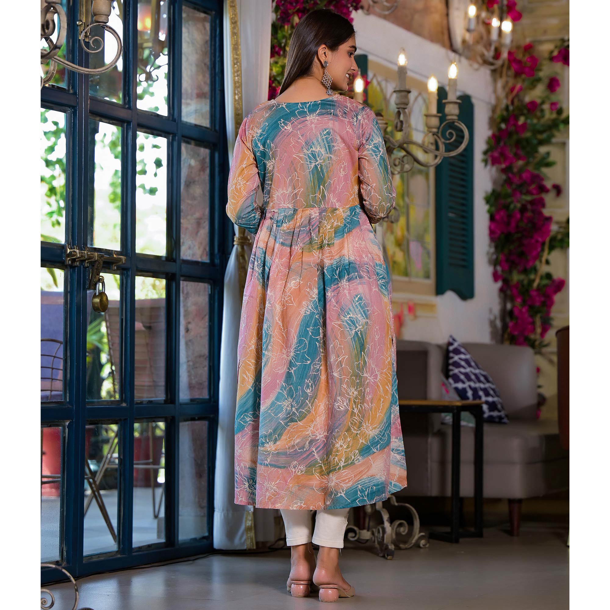 Peach Printed Cambric Cotton Naira Cut Kurti