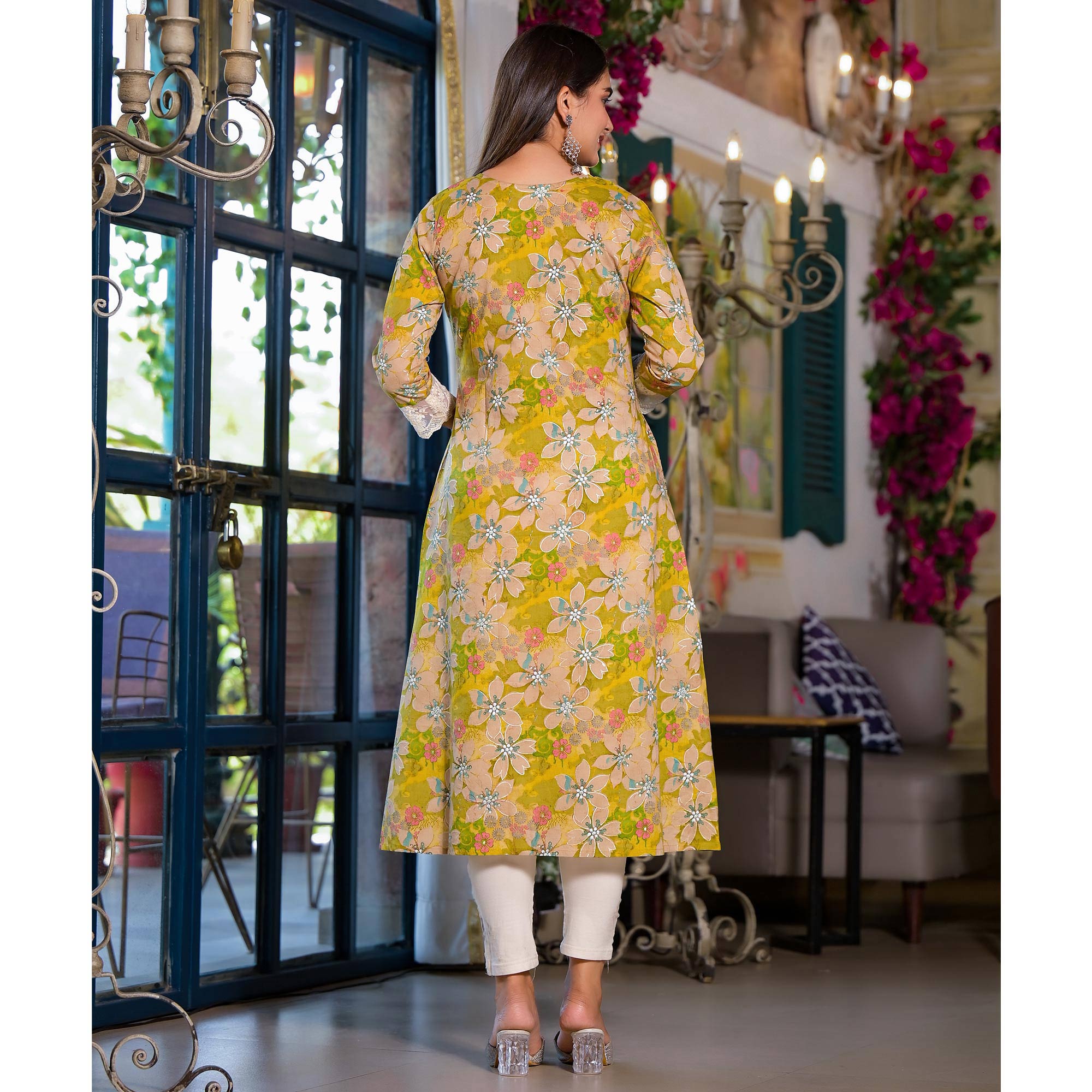 Dark Lemon Green Floral Printed Giza Cotton Maxi Dress
