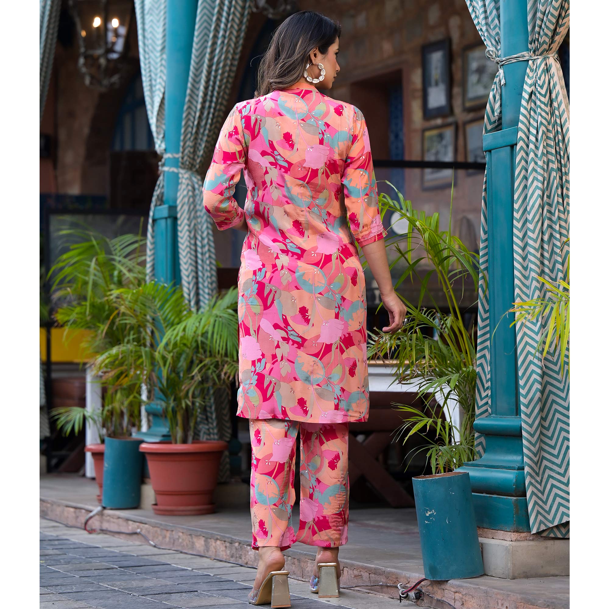 Pink Floral Foil Printed Muslin Co Ord Set